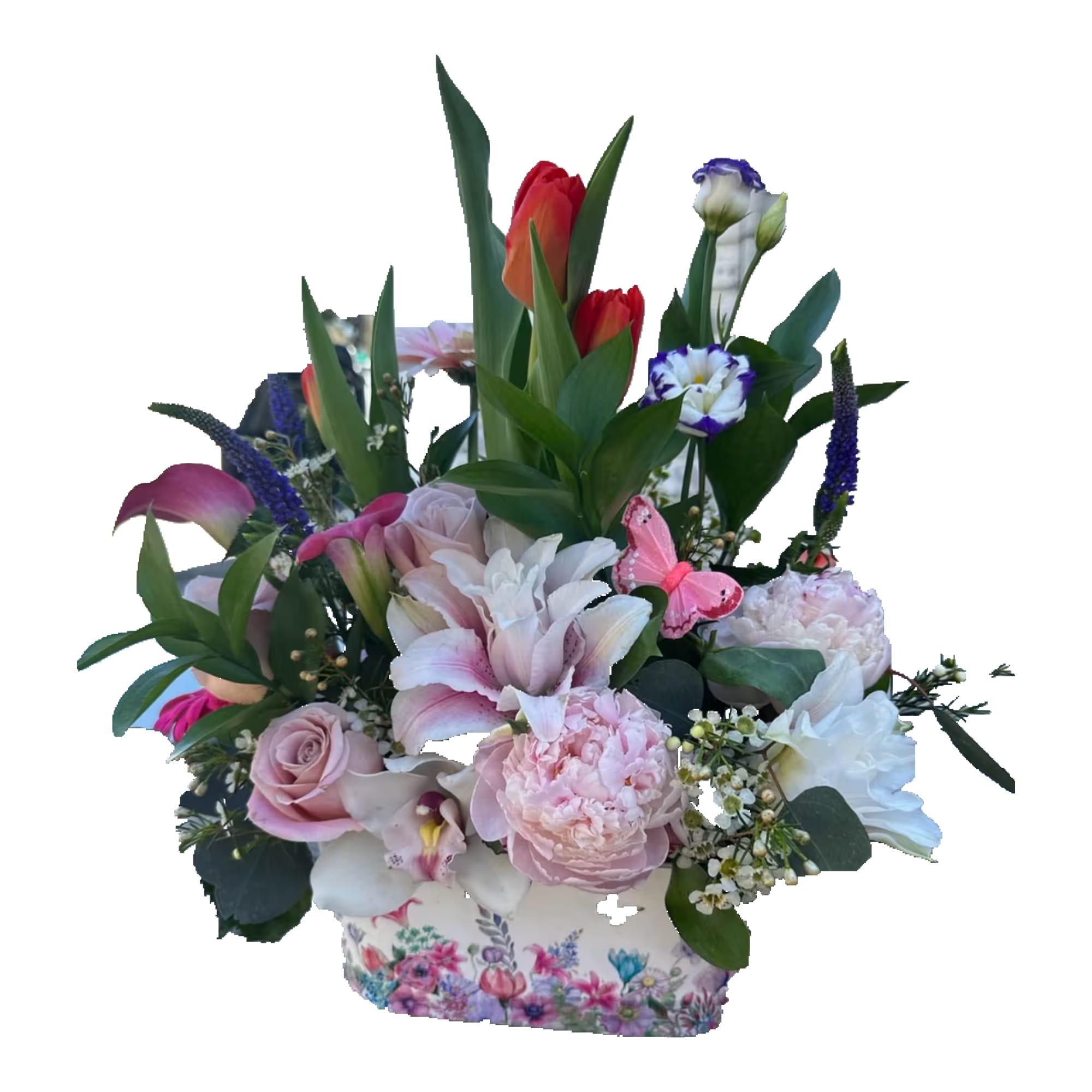 Butterflies and Blooms from Holland - Dutch tulips, Peonies, lilies, lisianthis, roses, calla lilies cymbidium and veronica orchids in a garden container