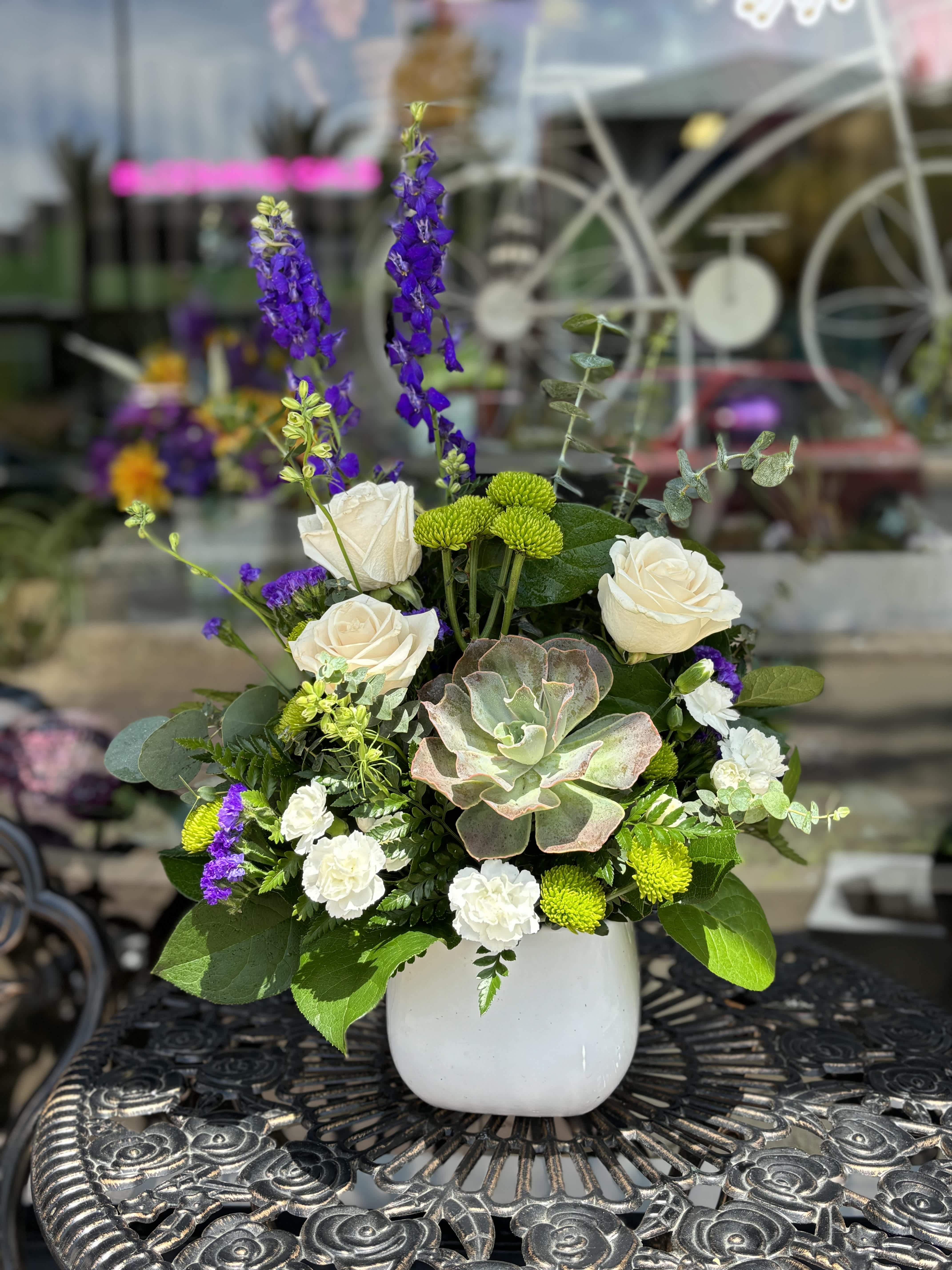 Sweet Succulent  - Small Succulent, purple larkspur, white roses, white mini carnations, green button mums and purple status arranged in a white ceramic vessel.  