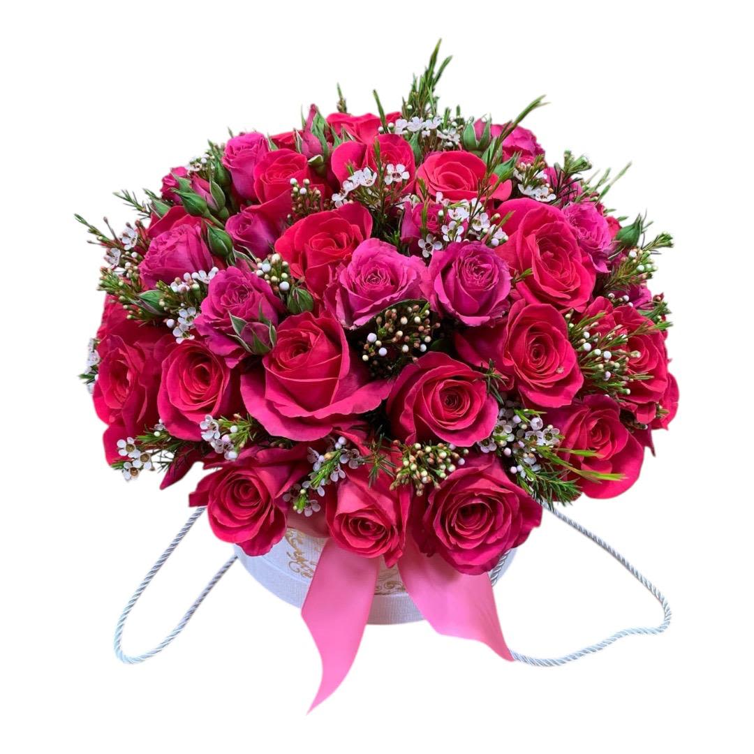 Amanda Box - 24 Fuisha Roses and 10 Stems Spray Hot Pink and Wax or Baby Breath