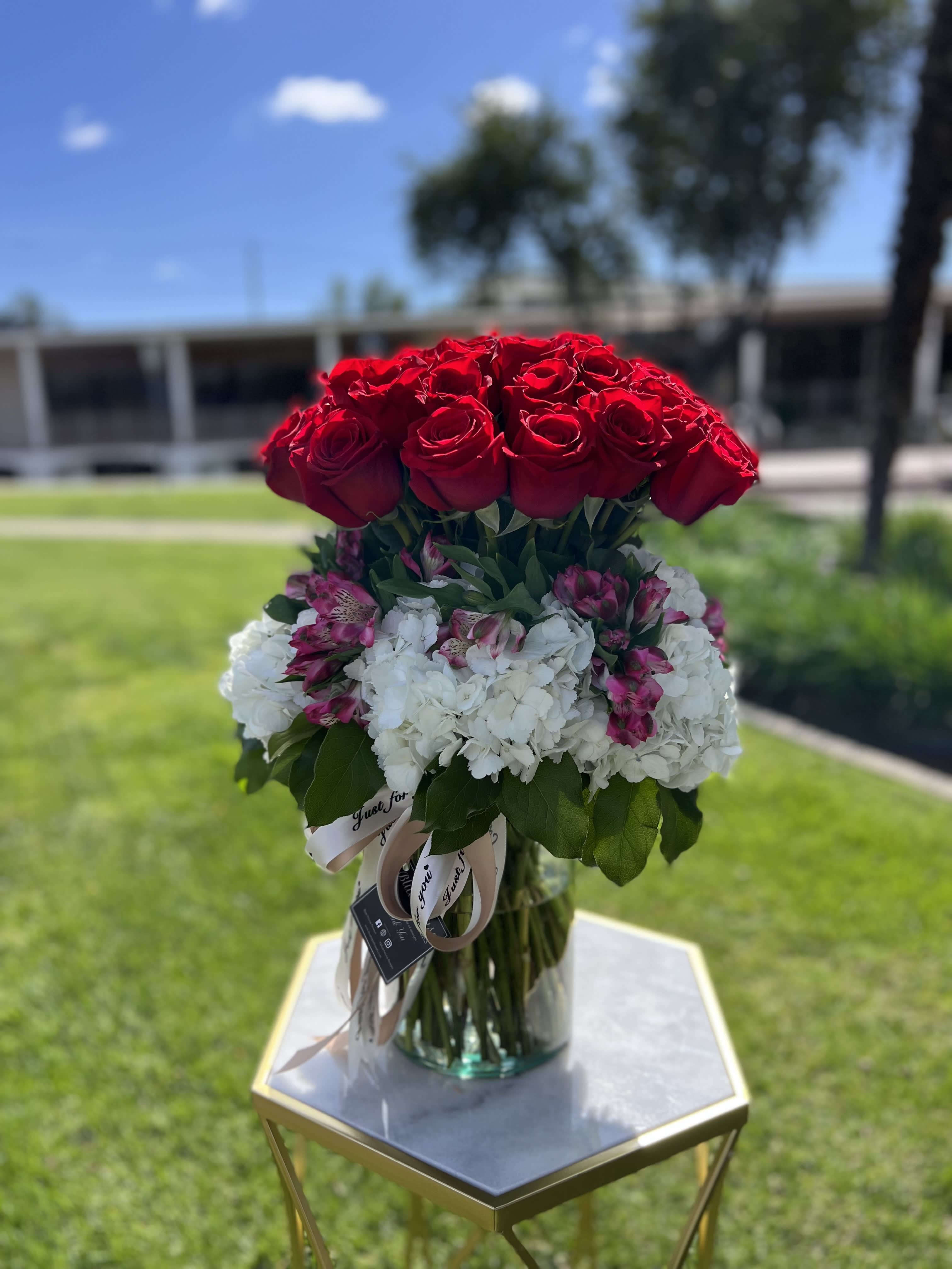 Ana Red - 24 Red Rose, Hydrangeas, and Pink Alstromeria.
