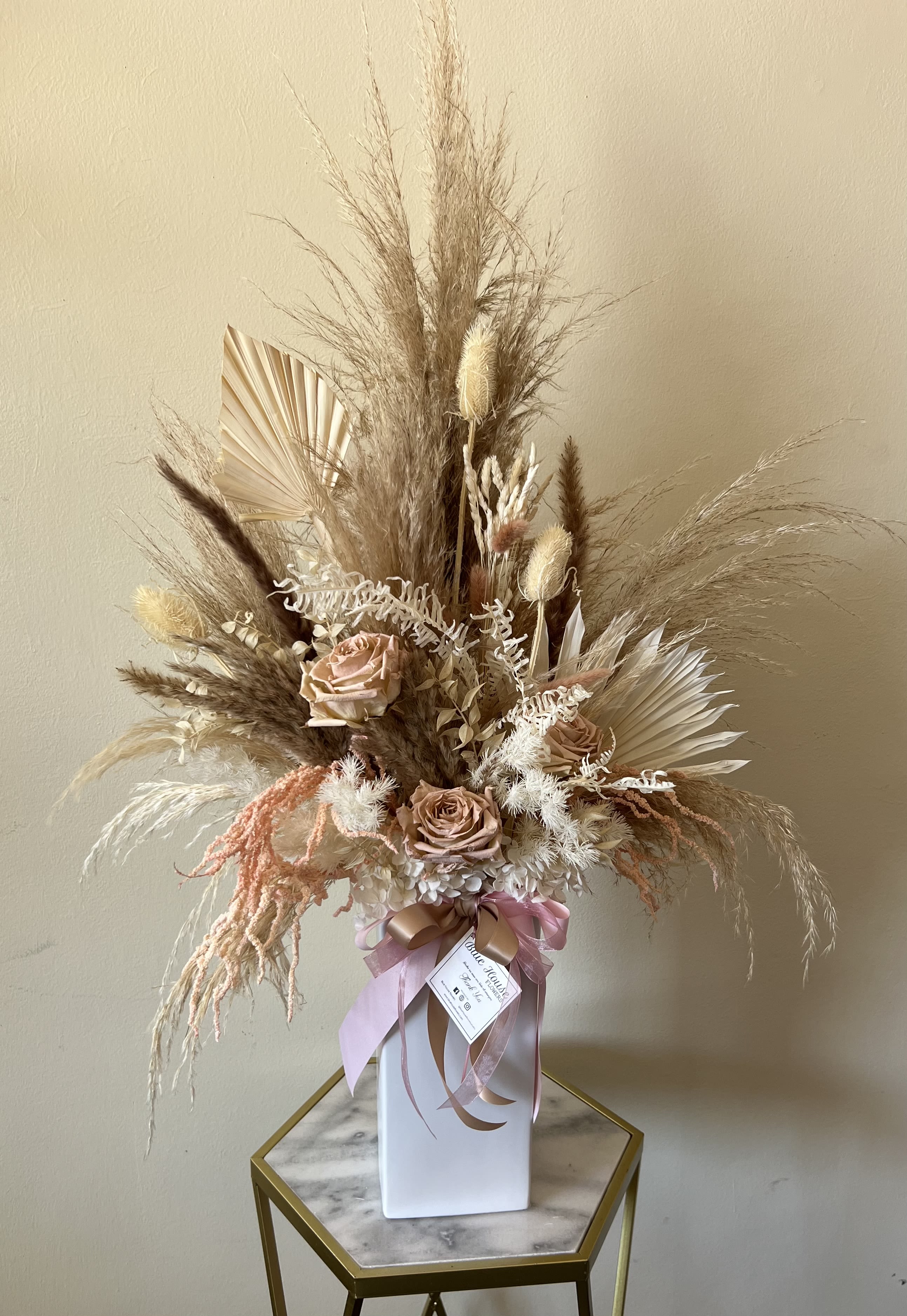 Boho Pink - Preserved Roses, Pampas Grass and Preserved Fillers 32" Tall x 18" Wide.