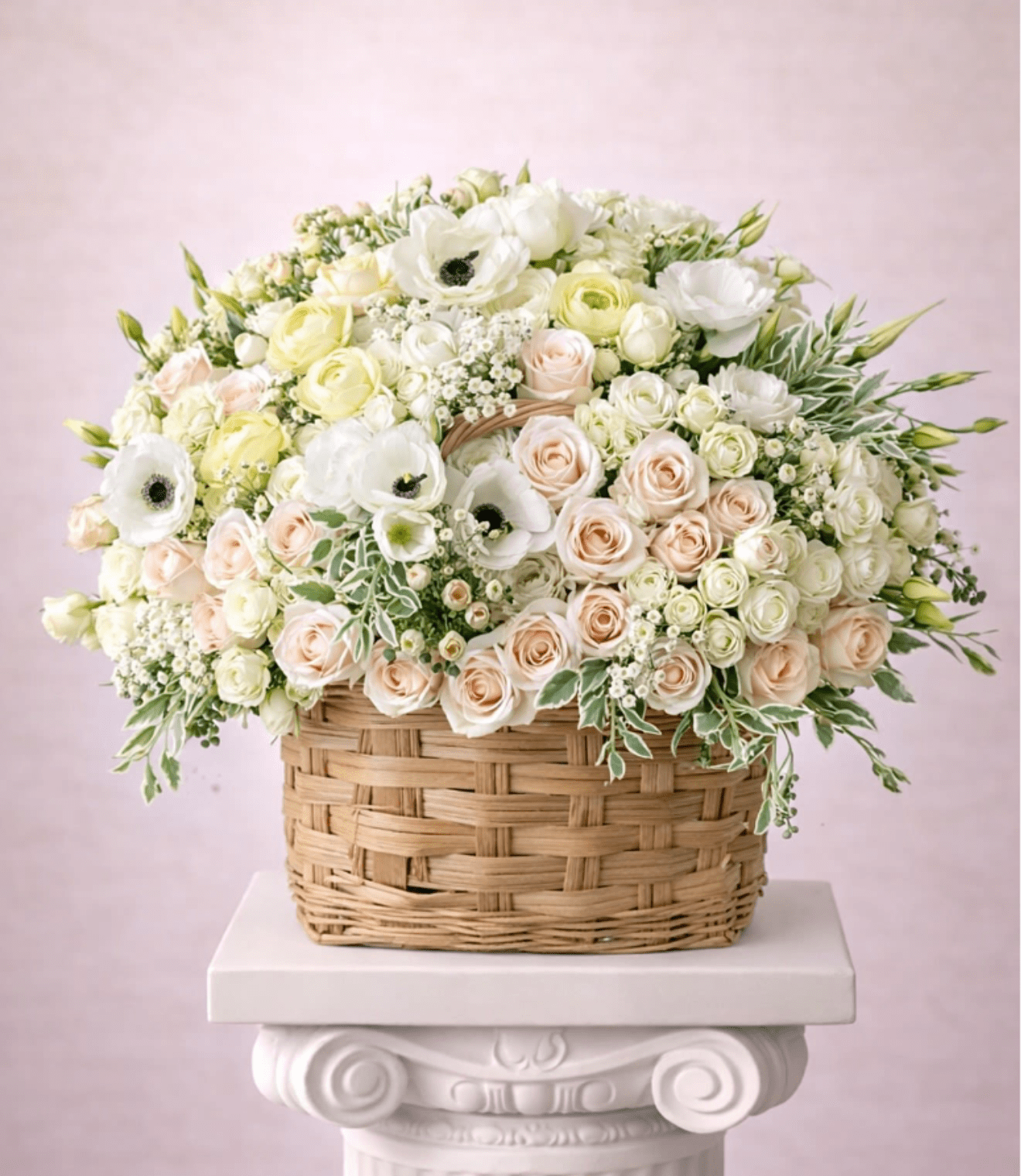 Angel dream  - Brighten any space with our Elegant Flower Basket Arrangement! Bursting with vibrant blooms, this stunning display combines seasonal favorites with lush greenery.   Housed in a chic, reusable container, it makes a perfect centerpiece for any occasion be it a gift or a treat for yourself. Elevate your decor with this captivating arrangement that brings joy and sophistication to your home or office. Order yours today and let the beauty of flowers inspire you