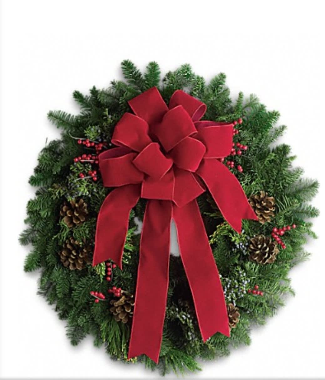 Classic Holiday Wreath - Gift this gorgeous mixed green, 30inch wreath this holiday season.  Adorned with a large, red bow, berries and pine cones. 