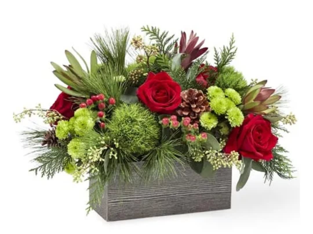 Holiday Cheer - Holiday design using red and green florals, Christmas greens, pinecones and holiday decor, designed in a rectangular box.