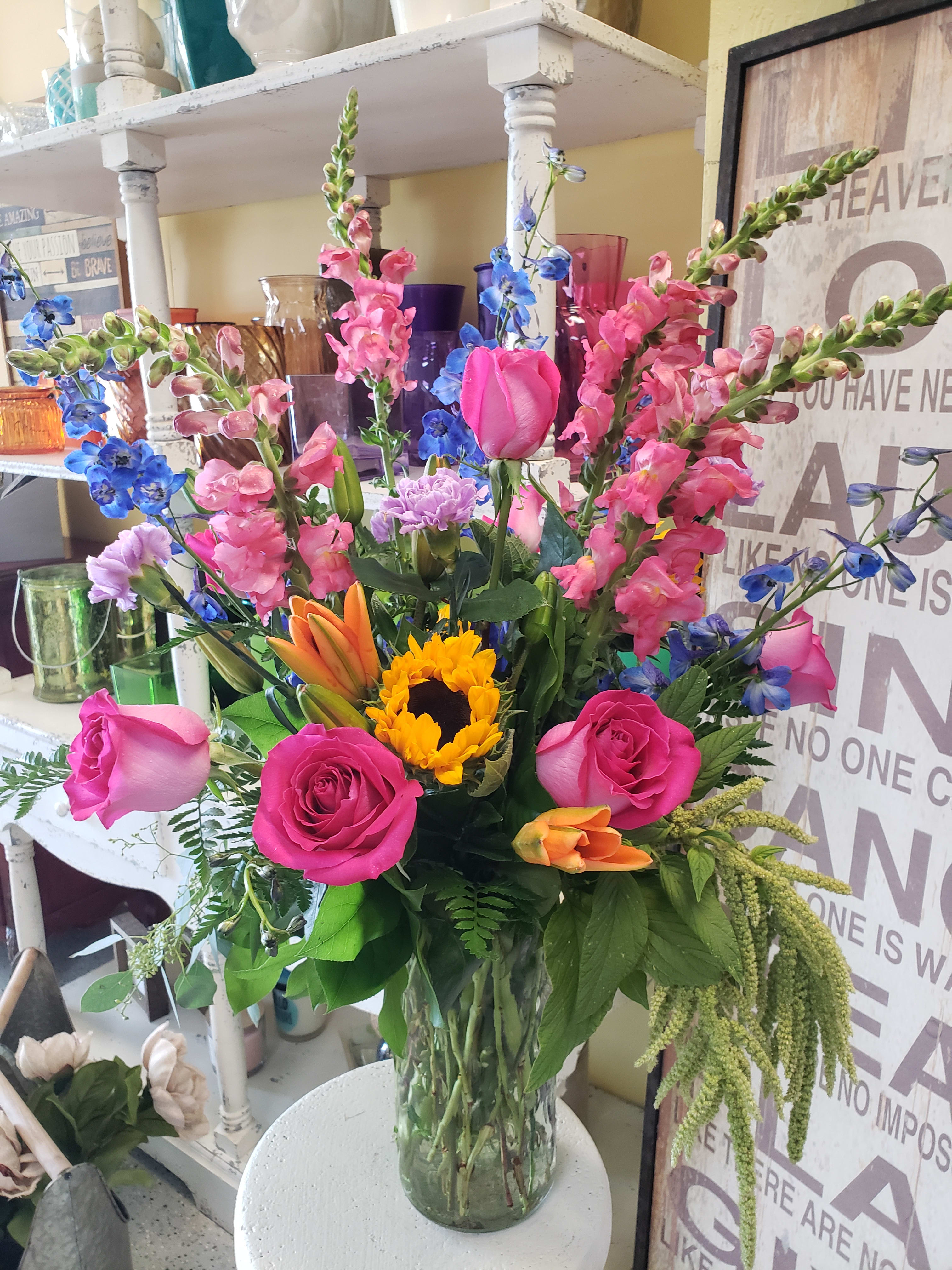 Longing for Your Love - Stunning tall arrangement perfect for any occasion with pops of pink, blues and yellows.