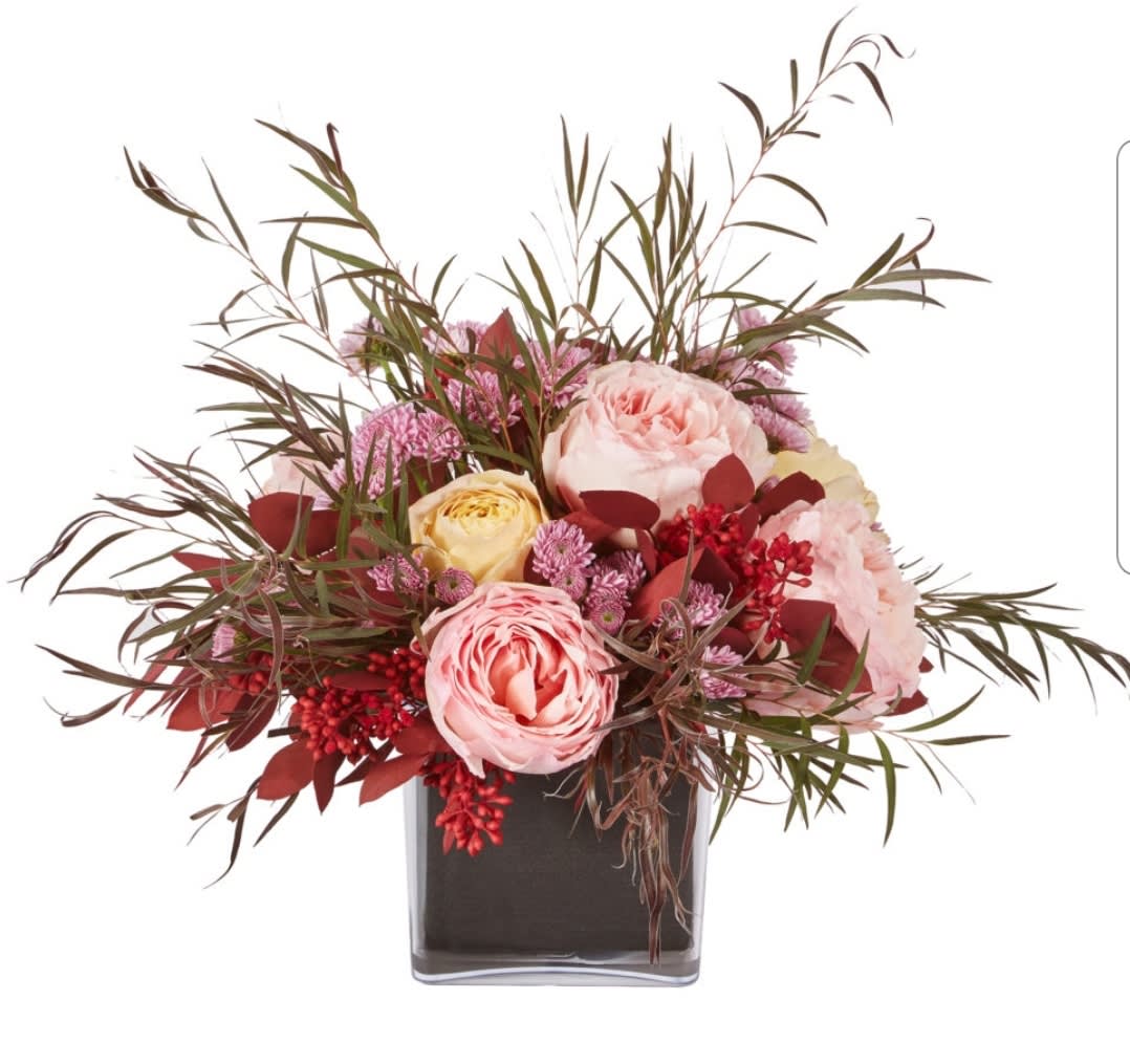Playful Peonies  - This fun, whimsical design is perfect for that special someone.  Peonies, roses, buttons and other complimentary flowers perfectly designed in a cube.