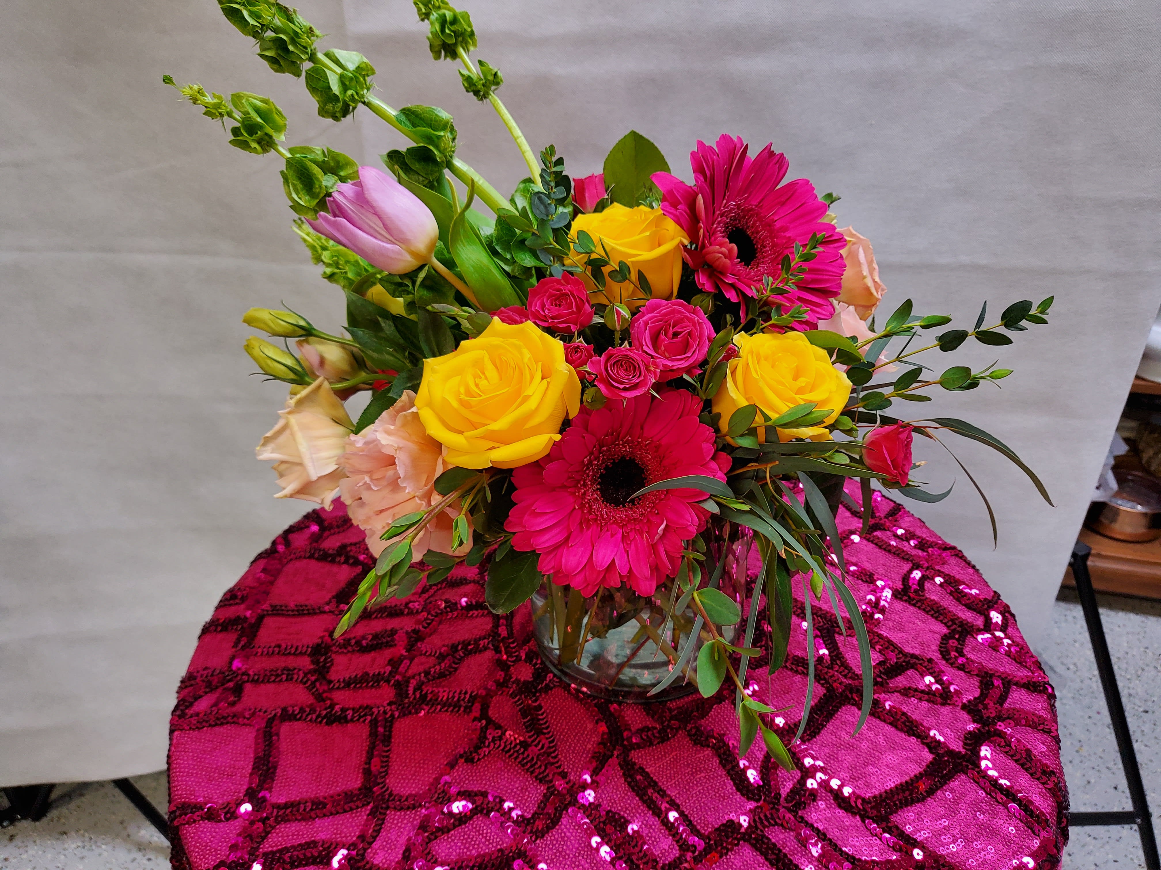 For the love of spring - Fun colorful bouquet perfect for Mother's Day, Birthday, Anniversary or Graduation! Gerbs, Roses &amp; Lisianthus. Premium version pictured. 