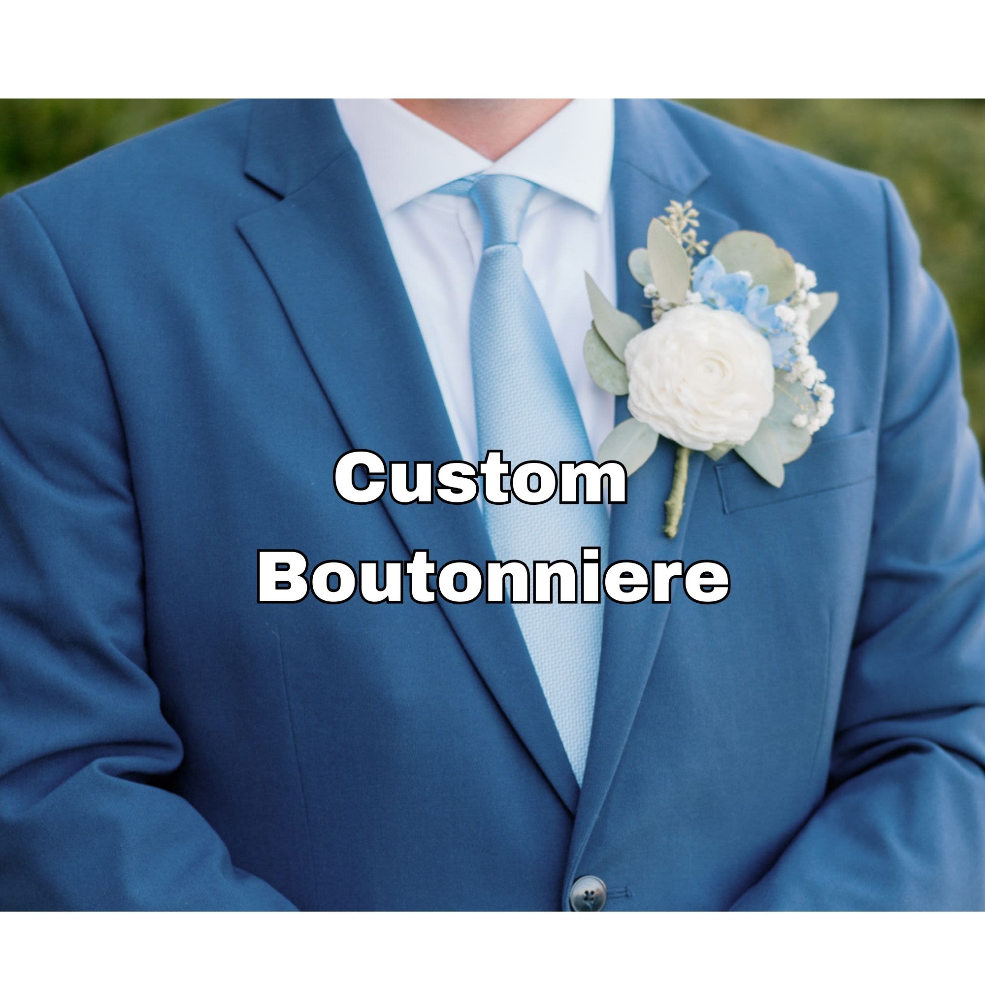 Custom Boutonniere - Custom Boutonnieres are made to order. Please tell us the color(s) you need us to match (suit/tux, dress, or wedding palette) and share any details like flower preferences, greenery style, ribbon wrap, and pin style.