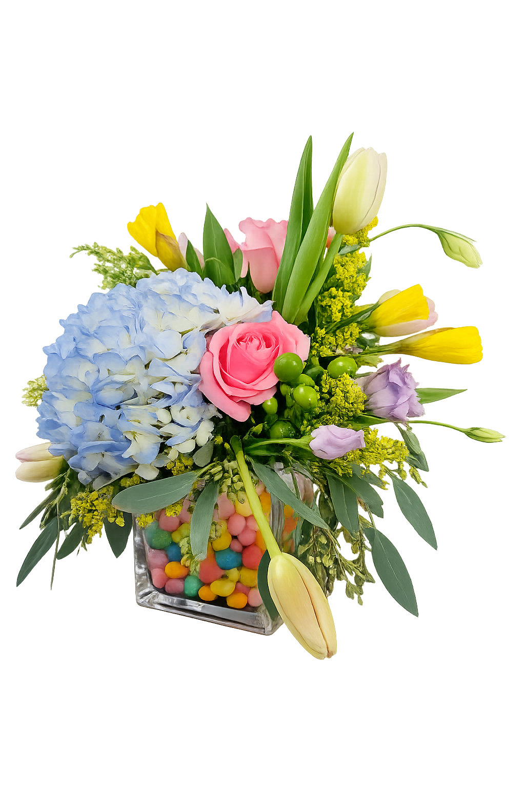 Jelly Bean Easter Bouquet - Jelly Bean Easter arrangement designed with hydrangea, tulips, daffodils, roses, lisianthus and  colorful jelly beans!