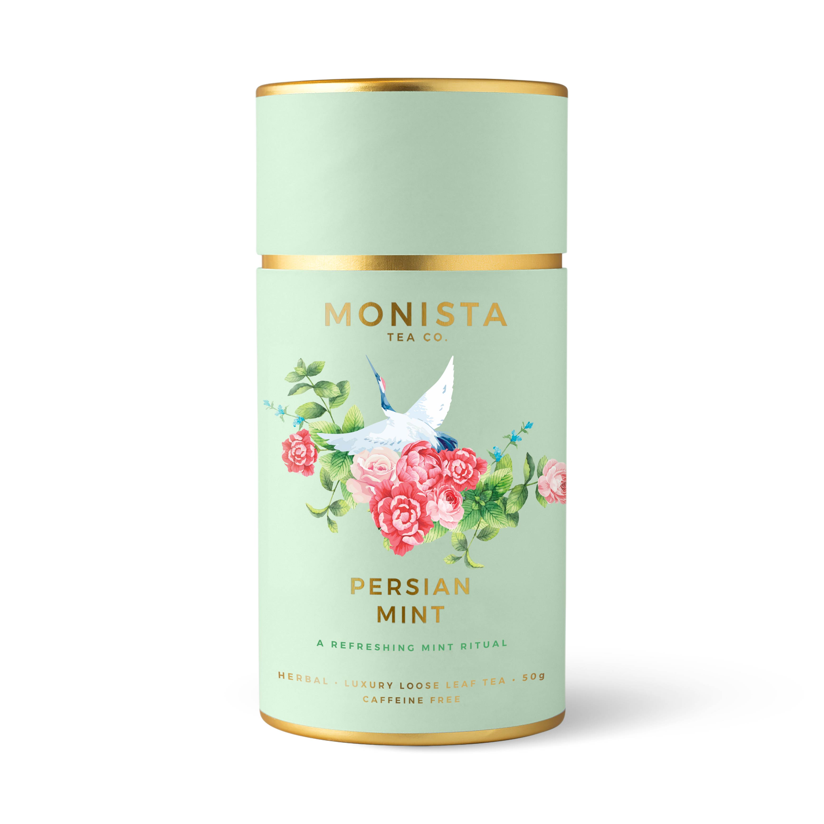 Monista Tea Co. - Persian Mint Tea by - A refreshing mint ritual. Handwoven Persian rugs cover the earthen tiles, the dim lights produce a warm yellow glow and a beautiful brass Samovar takes pride of place in the central room. A family sits cross legged on the floor sipping warm mint tea from small colored glasses. It is the simplicity in the ceremony that makes the moment meaningful.   Monista's Persian Mint blends organic peppermint and spearmint, finished with the national flower of Persia, the rose.   The perfect tea for after a meal.&nbsp; Herbal loose leaf tea • 60g • caffeine free• organic.