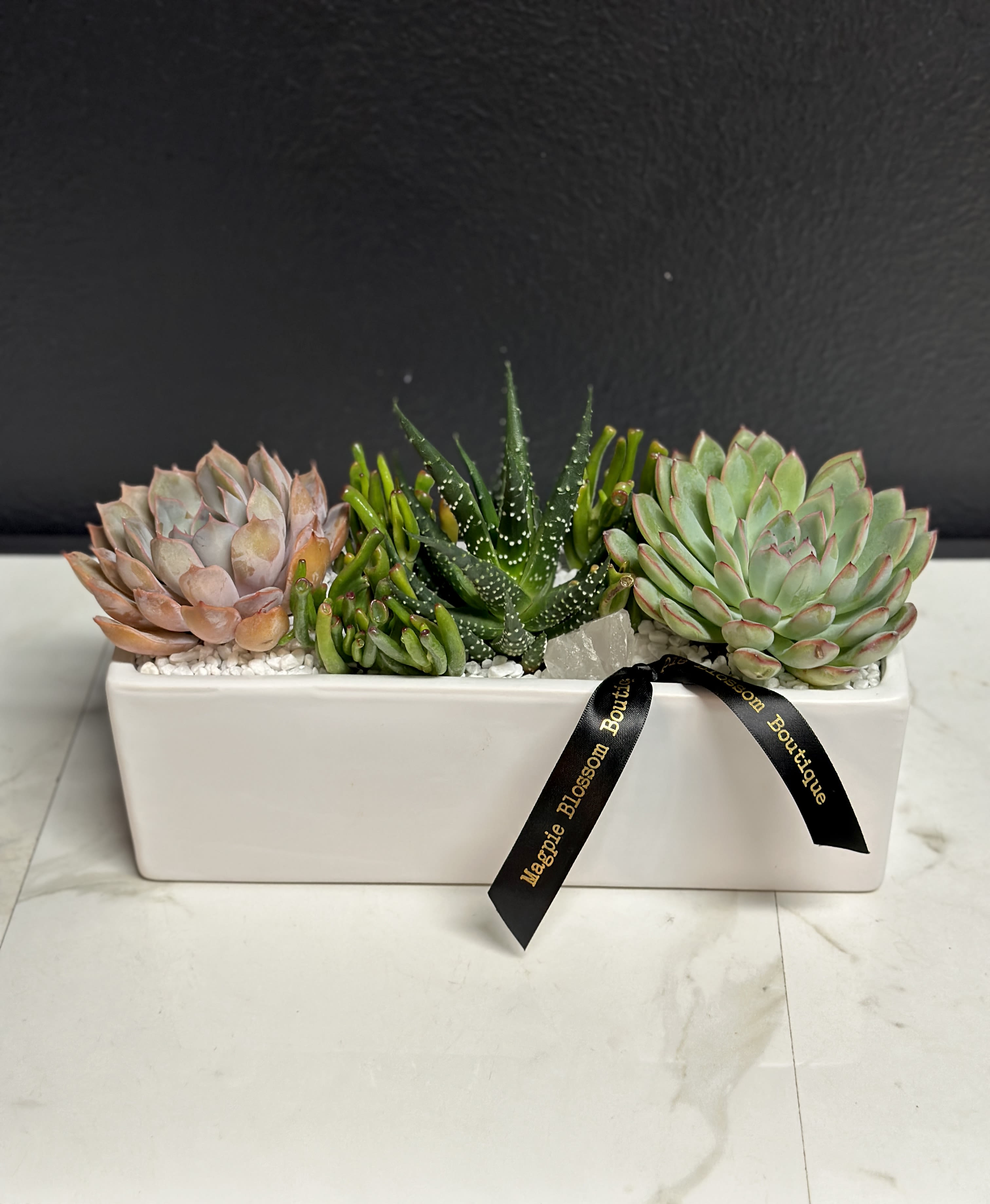 The Bianco  - Add a touch of contemporary charm to any space with our Bianco Garden. A stunning arrangemnt of succulents is enhanced with white pebbles, stones, and crystal accents.  Dimensions | Approximately 12x7"