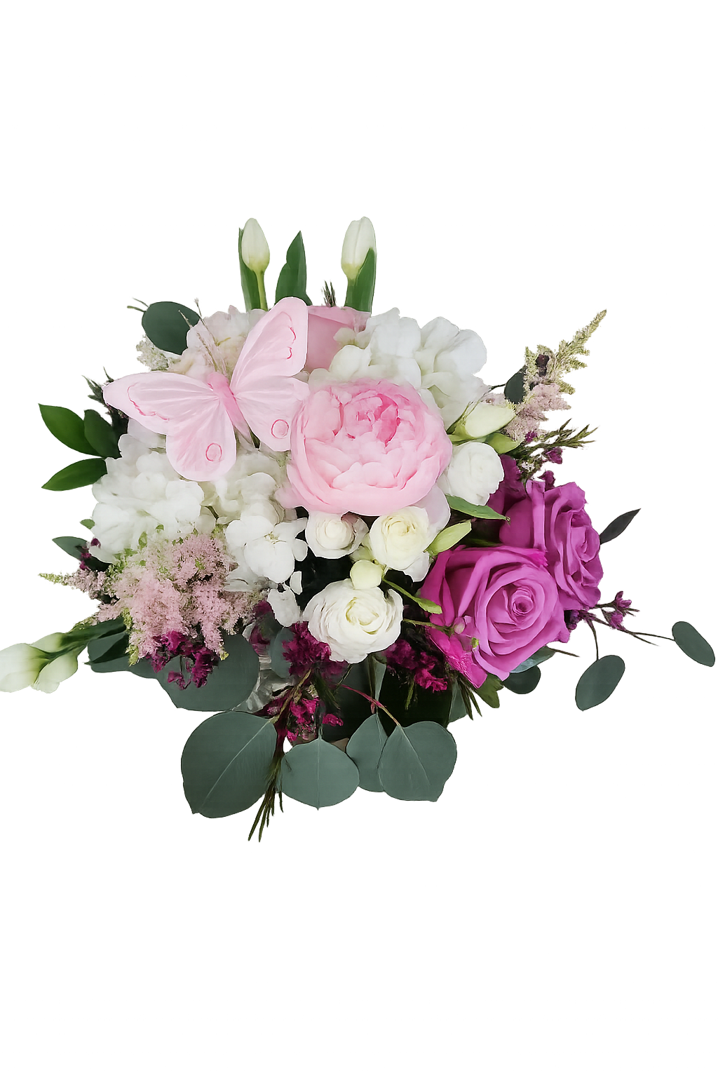 FBM-DUTCH-CUBE - Peonies, hydrangea, roses, spray roses, lisianthis, tulips, astilbe and filler arranged in a cube