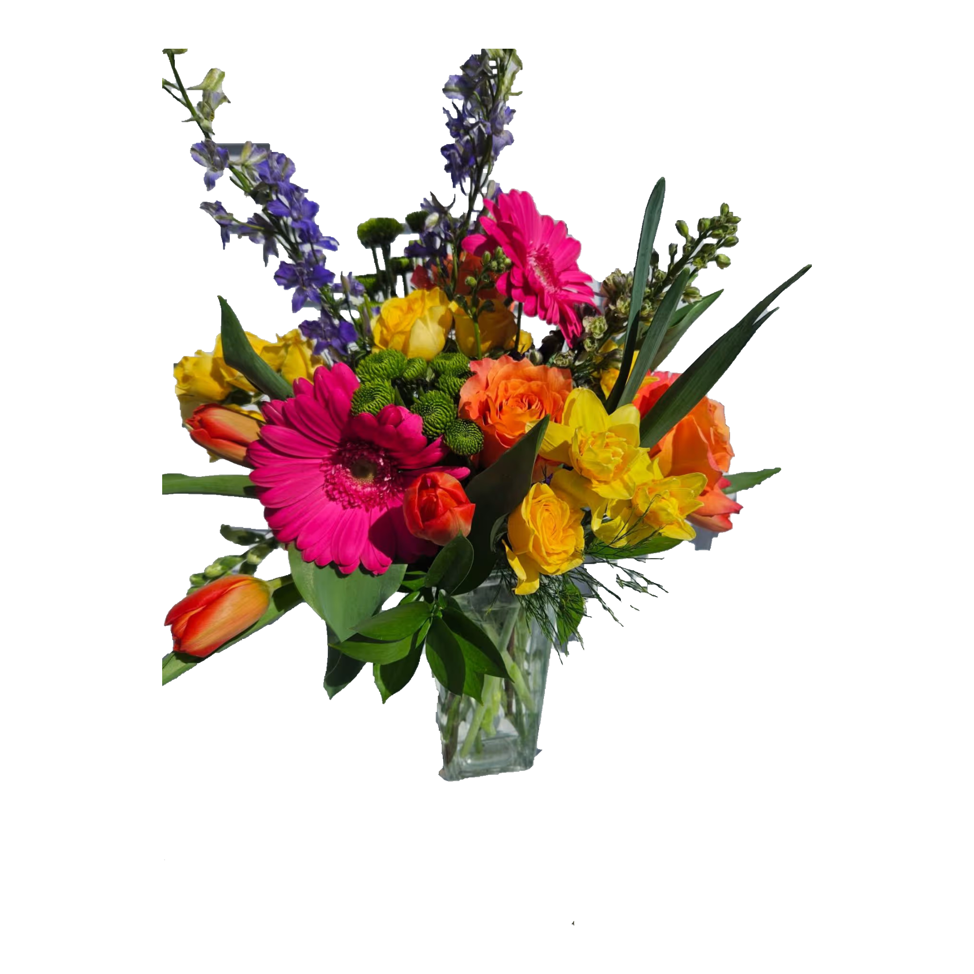 Sherbet Surprise Bouquet - Purple larkspur, hot pink gerbera daisies, orange roses, tulips, daffodils and yellow spray roses arranged in a clear vase