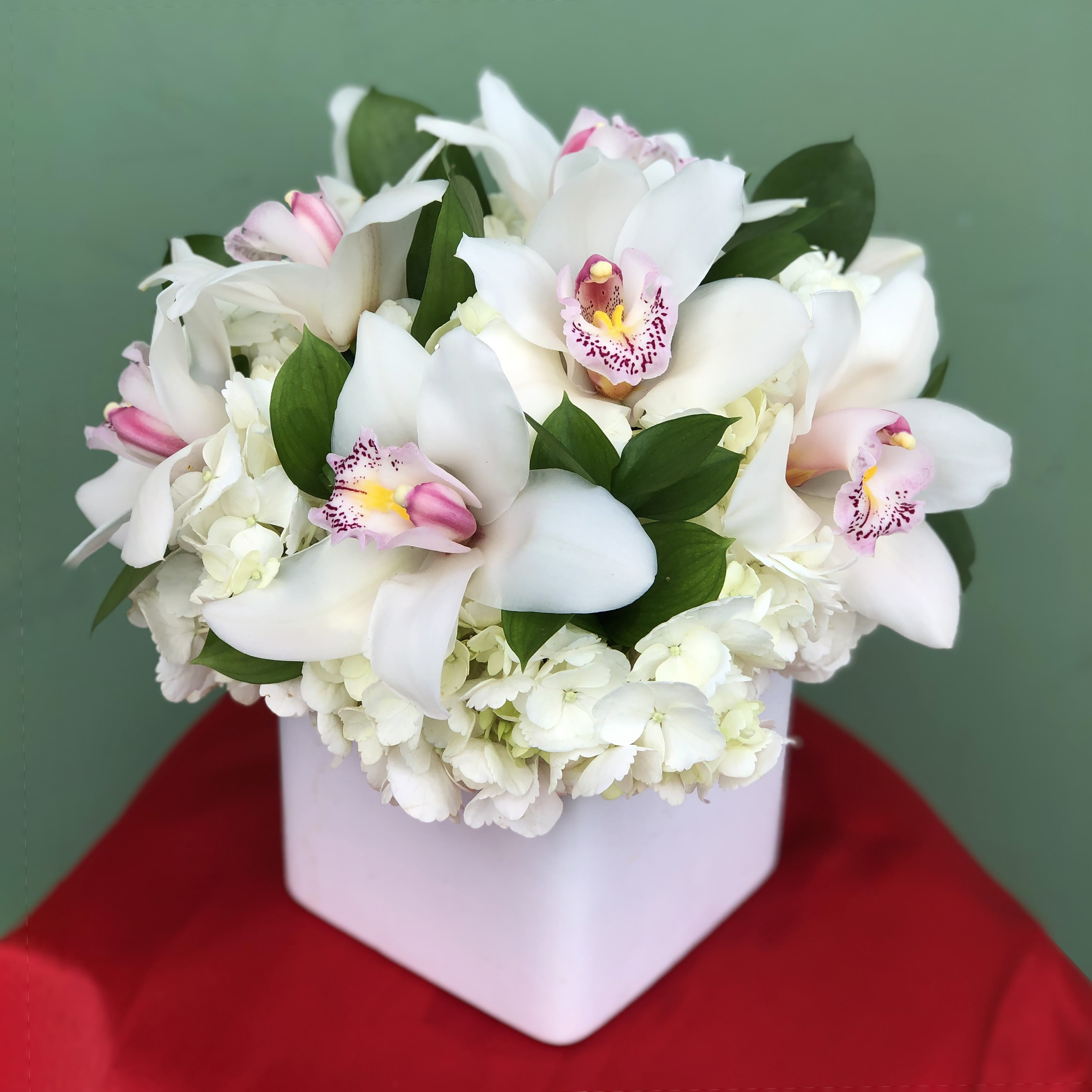 White Wonderland - Orchids and Hydrangeas blended in a white vase to fit any decor 