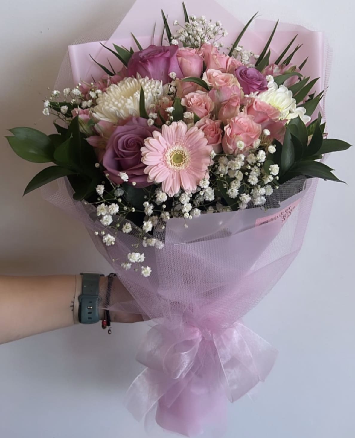 All Pink Hand Bouquet - Flowers may have to be substituted, but you will receive the same overall color and theme.  *Vase sold separately 
