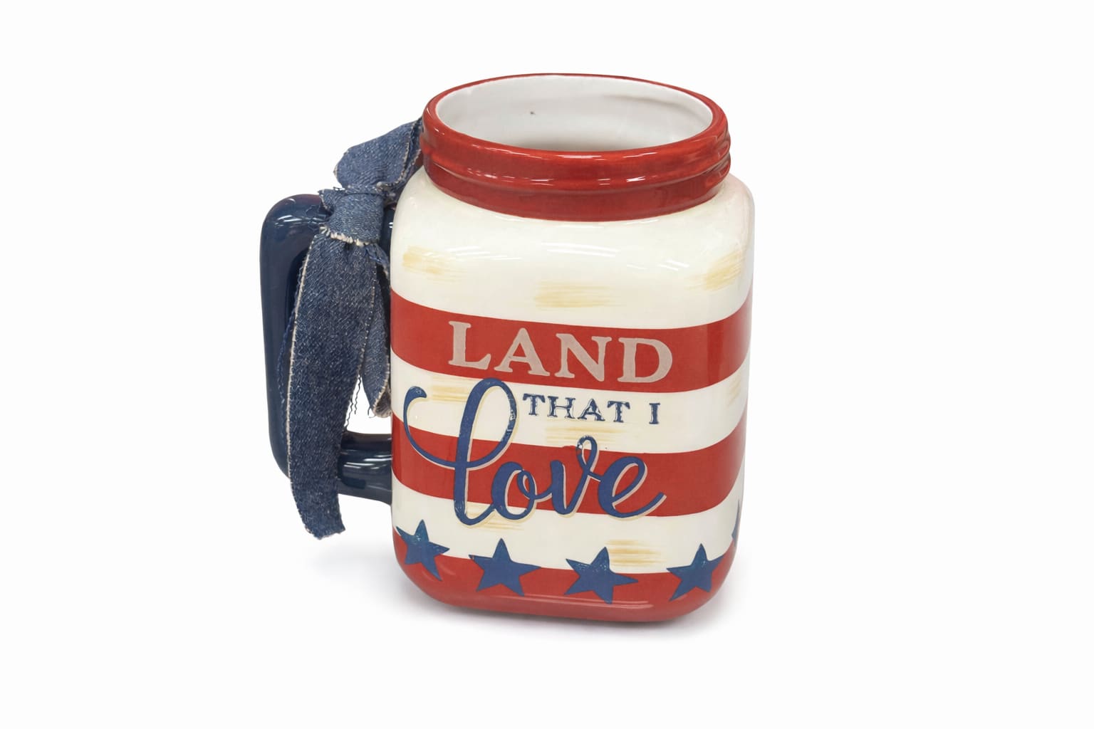 Land That I Love Mug - A charming mason jar-style mug featuring a red, white, and blue design with the phrase "Land That I Love." With its patriotic theme and rustic ribbon detail, it's great for festive American decor. 