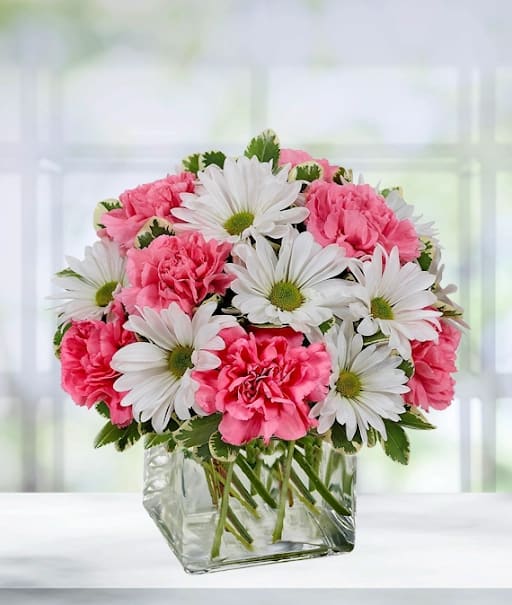 Pink carnations and white daisies in a square glass vase