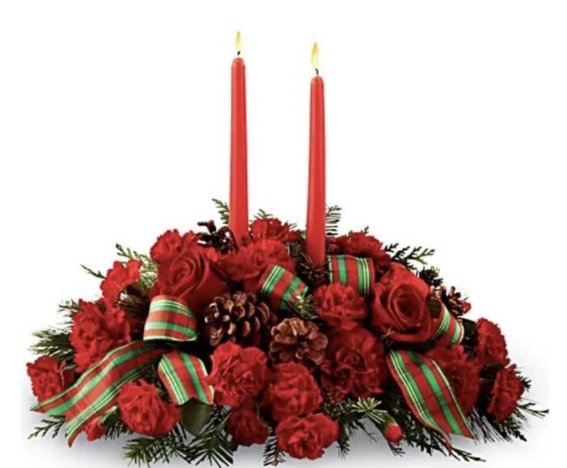 Christmas Red Centerpiece - Buzzy Bee Flowers - Spice up the holiday spirit with this beautiful, unique holiday piece to set for your family on Christmas Eve!