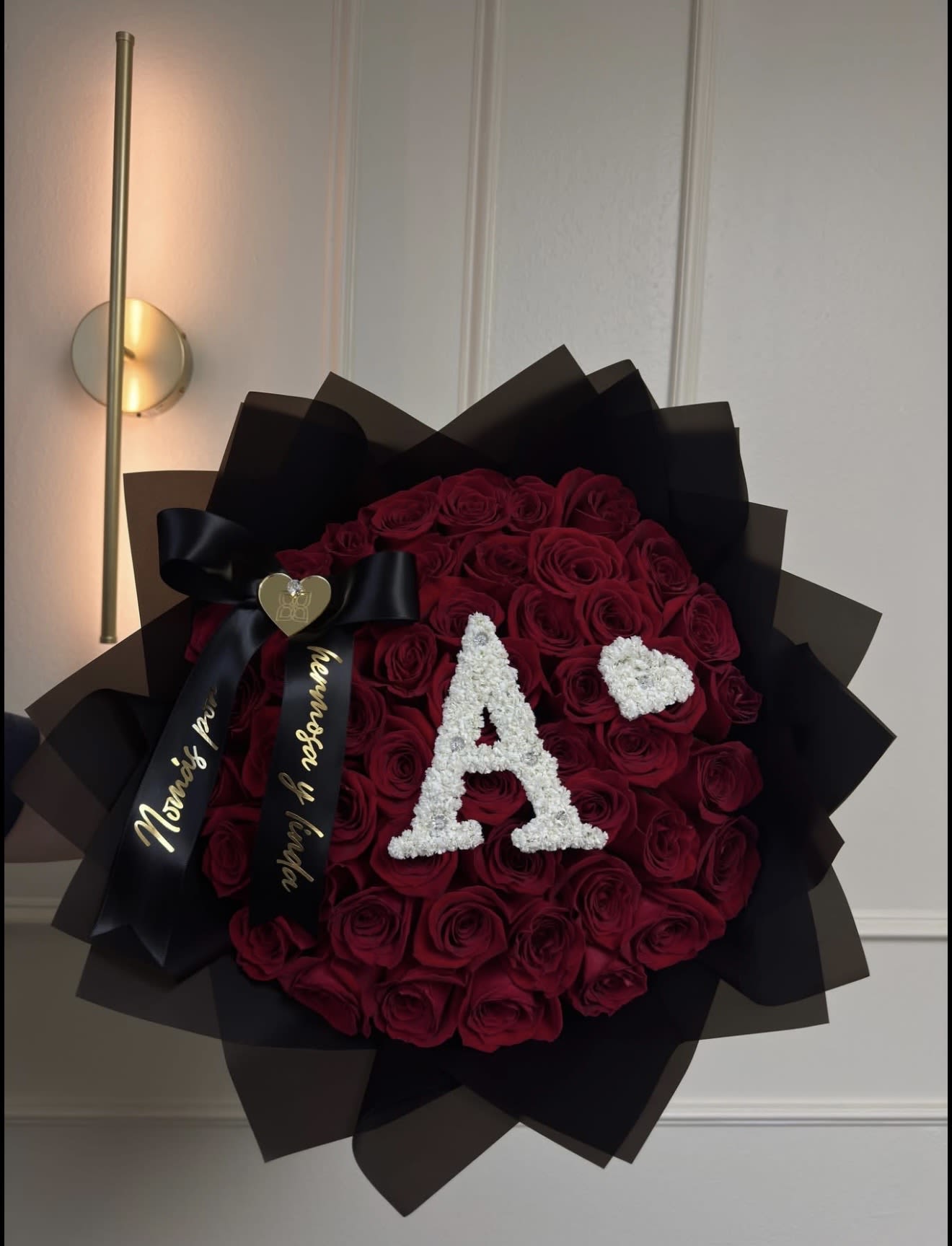 Initial letter Bouquet of red roses . - Amazing 40 red Roses Bouquet with Any Initial letter made of fresh Baby breath,  Perfect to celebrate  any occasion.  surprise your love one with this amazing famous bouquet.  Deluxe 45 roses total  and more baby breath total. Premium 50 roses total and more baby breath total.