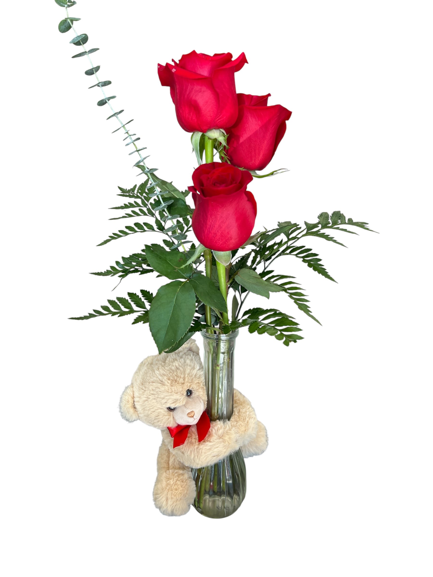 La Fleur - Three roses and a teddy bear.