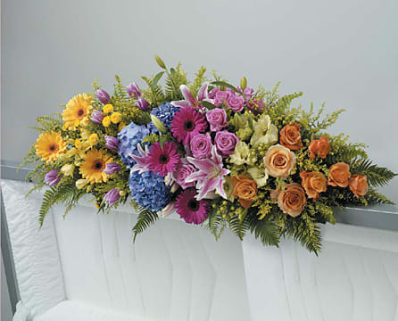 Polychromatic Hanging Full Casket Spray - Lilies, hydrangea, gerber daisies, gladiola, button pomps, tulips, roses, solidago, hypericum and freesia