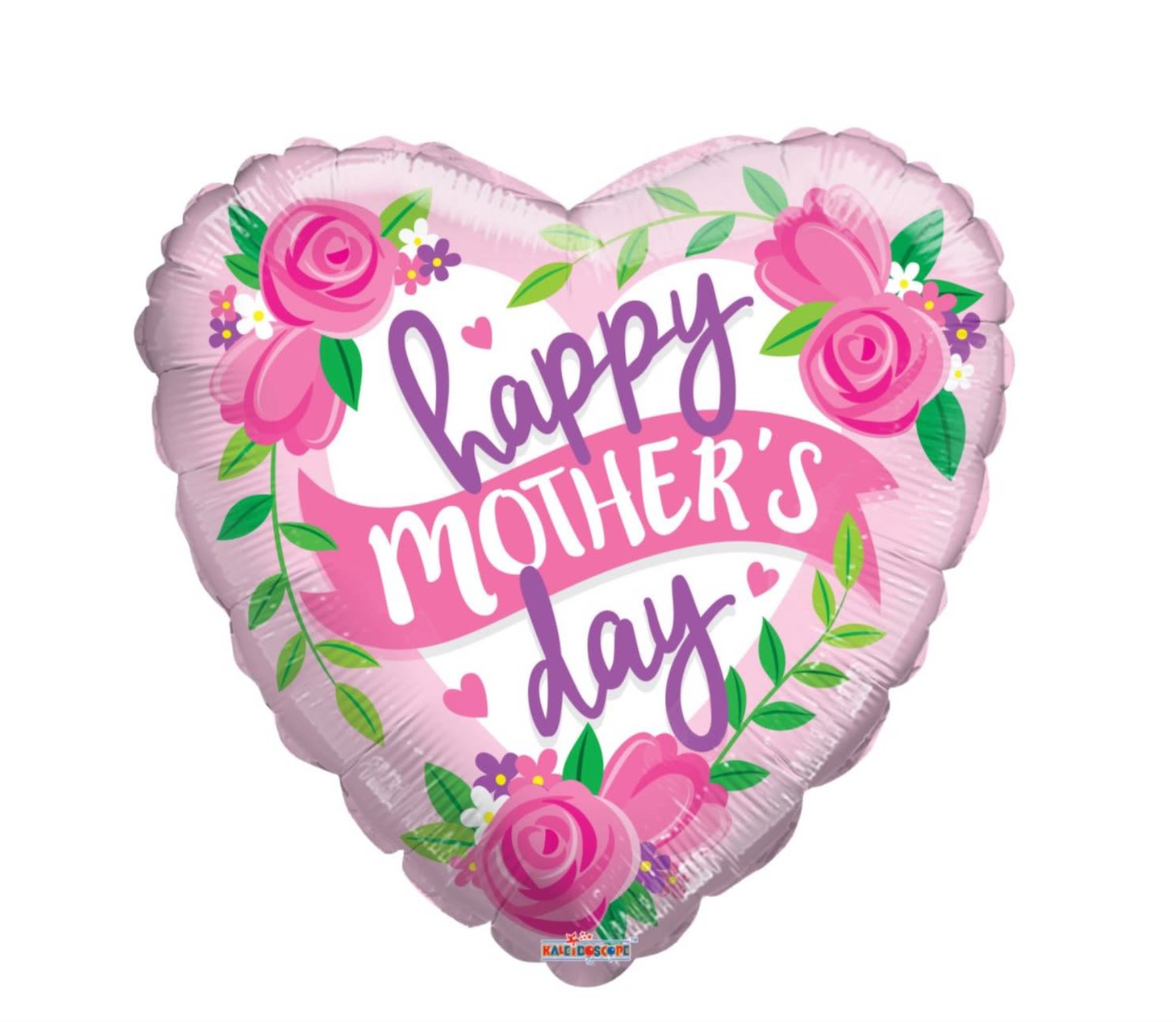 Heart-shaped pink balloon with "happy Mother's day" text and floral graphics