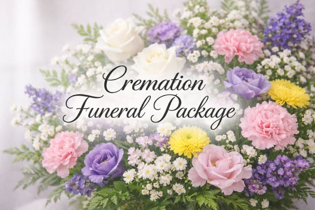 Cremation Funeral Package  - Cremation Tribute Arrangement A beautiful floral arrangement designed to surround and honor the urn during a memorial service, creating a peaceful and respectful tribute.   Standing Aisle Spray A tall floral arrangement displayed on an easel along the aisle, creating an elegant and respectful tribute during the service.   One-Sided Arrangement A full floral display placed on the floor near the casket, altar, or memorial area to add beauty and honor the loved one.