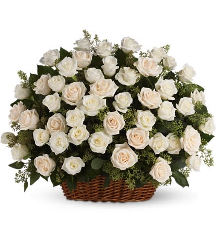 Bountiful Rose Basket - A beautiful bountiful basket of luminous white roses that feels so fresh natural and welcomed in a home or at a service. White and cr?me roses with fragrant seeded eucalyptus beautifully presented in a large basket.Approximately 25" W x 20 1/2" H Orientation: One-Sided As Shown : T233-1A