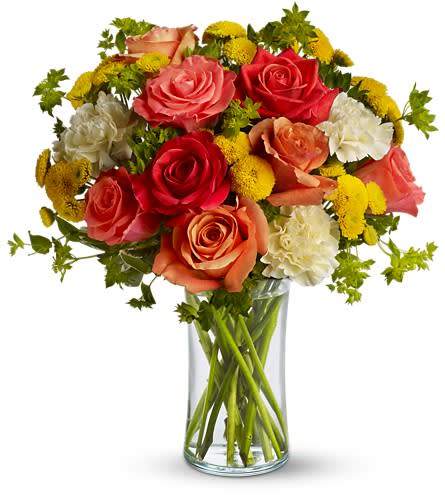 Citrus Kissed - Like freshly squeezed lemonade on a hot sunny day this bright and cheerful bouquet is a summer sensation. Dark orange coral and orange roses light yellow carnations yellow button spray chrysanthemums and greens fill a slender gathering vase. It's a kiss of summer!Approximately 11" W x 14" H Orientation: All-Around As Shown : T157-1ADeluxe : T157-1BPremium : T157-1C