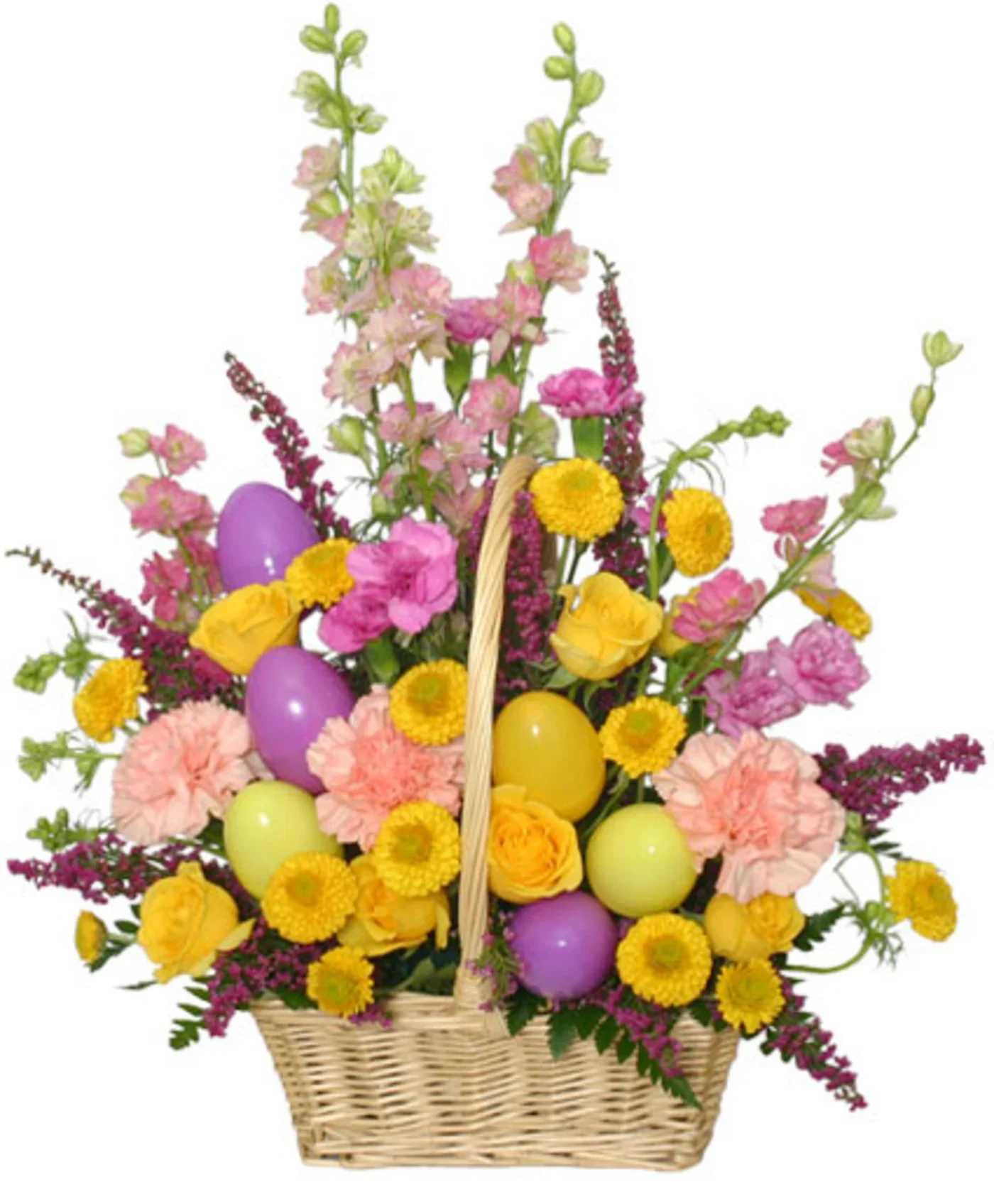Easter Egg Hunt Basket  - perfect springtime gift than this one! With a wondrous and magnificent mix of yellow button poms, pink carnations, lavender mini carnations, pink larkspur, and yellow spray roses, you can bring spring's beauty indoors! 