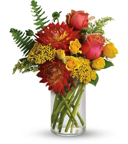 Seaside Oasis - For those times when we just can't get away we can at least hope that someone sends us this beautiful seaside oasis. At home or the office it offers a delightful getaway. Orange bi-color roses yellow spray roses orange dahlias yarrow solidago fern and salal arrive in a pretty cylinder vase.Approximately 11" W x 13 1/2" H Orientation: All-Around As Shown : T161-1ADeluxe : T161-1BPremium : T161-1C