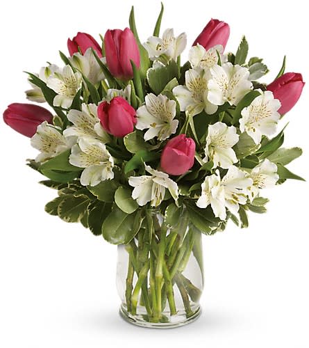 Spring Romance Bouquet - Romance buds in the spring - and it blooms beautifully in this charming bouquet of tulips and alstroemeria. Presented in an elegant hurricane vase it's a heartfelt gesture she'll remember through all seasons. Includes pink tulips white alstroemeria and variegated pittosporum. Delivered in a glass hurricane vase.Approximately 13 1/2" W x 14 1/2" H Orientation: All-Around As Shown : TEV24-4ADeluxe : TEV24-4BPremium : TEV24-4C