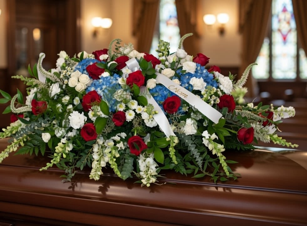 Eternal Devotion Casket Spray - This elegant casket spray is a heartfelt tribute designed to honor a life with grace and vibrant beauty. Combining classic sophistication with a touch of serene color, it serves as a stunning focal point for any memorial service. Sized to fit on the foot of an open casket.  Premium Floral Selection: Hand-arranged with velvety deep red roses, crisp white carnations, and lush blue hydrangeas.  Artisanal Greenery: Accented with delicate sprays of white snapdragons, veronica, and fresh eucalyptus for added texture and a natural, cascading silhouette.  Symbolic Color Palette: The patriotic or classic red, white, and blue theme offers a sense of peace, strength, and timeless devotion.  Personalized Touch: Includes a premium satin ribbon that can be customized with gold lettering (as shown with "Mom") to provide a truly personal message of love.