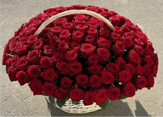 100 Red Roses in Woven Basket - A dramatic luxury arrangement featuring an abundant display of premium red roses arranged tightly in a classic basket. Designed to make a bold statement, this piece is rich, elegant, and unforgettable — perfect for grand gestures, romantic gifting, and special celebration.  Handcrafted with fresh cut flowers and delivered fully arranged and gift ready.   Delivered fully arranged and ready to impress. Red Roses in Woven Basket Hand-arranged fresh red roses in a reusable woven basket.   Available:  Deluxe: 150 red roses Premium:200 red roses    Some florals are seasonal, if a particular flower will not be available due to season, we will substitute for similar flower, composition, color pallet and value of the arrangements as closely as possible. All effort to create a floral arrangement as close to the photo shown, the actual arrangement may vary slightly in its appearance from the photo shown. If you have any questions about your order, we welcome you to call us in or email    Holiday Delivery:  Same-day delivery available. Deliveries are made throughout the day based on routing.          