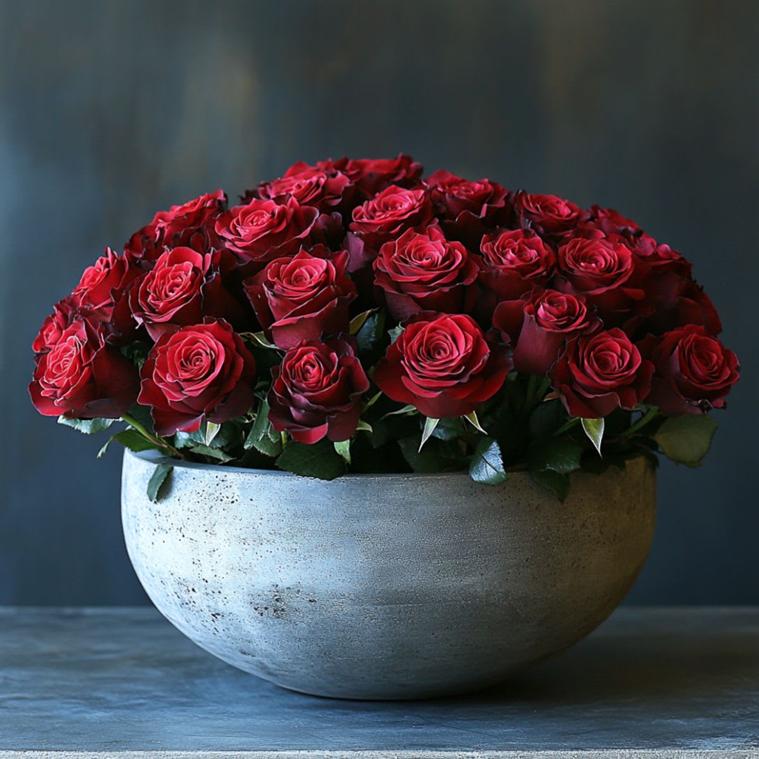 Red roses arranged in a round gray bowl