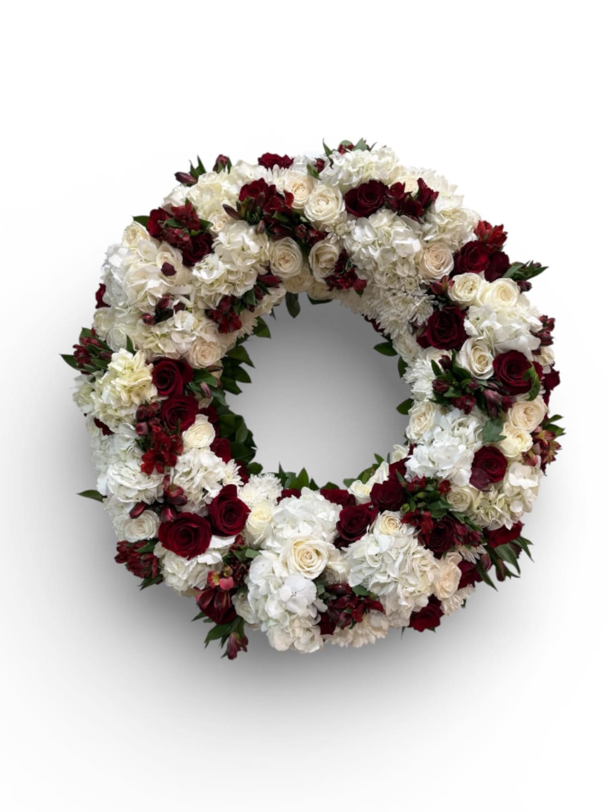 Crimson and Ivory Remembrance Wreath - A graceful wreath of red and ivory bloom, symbolizing, love, honor, and everlasting remembrance.