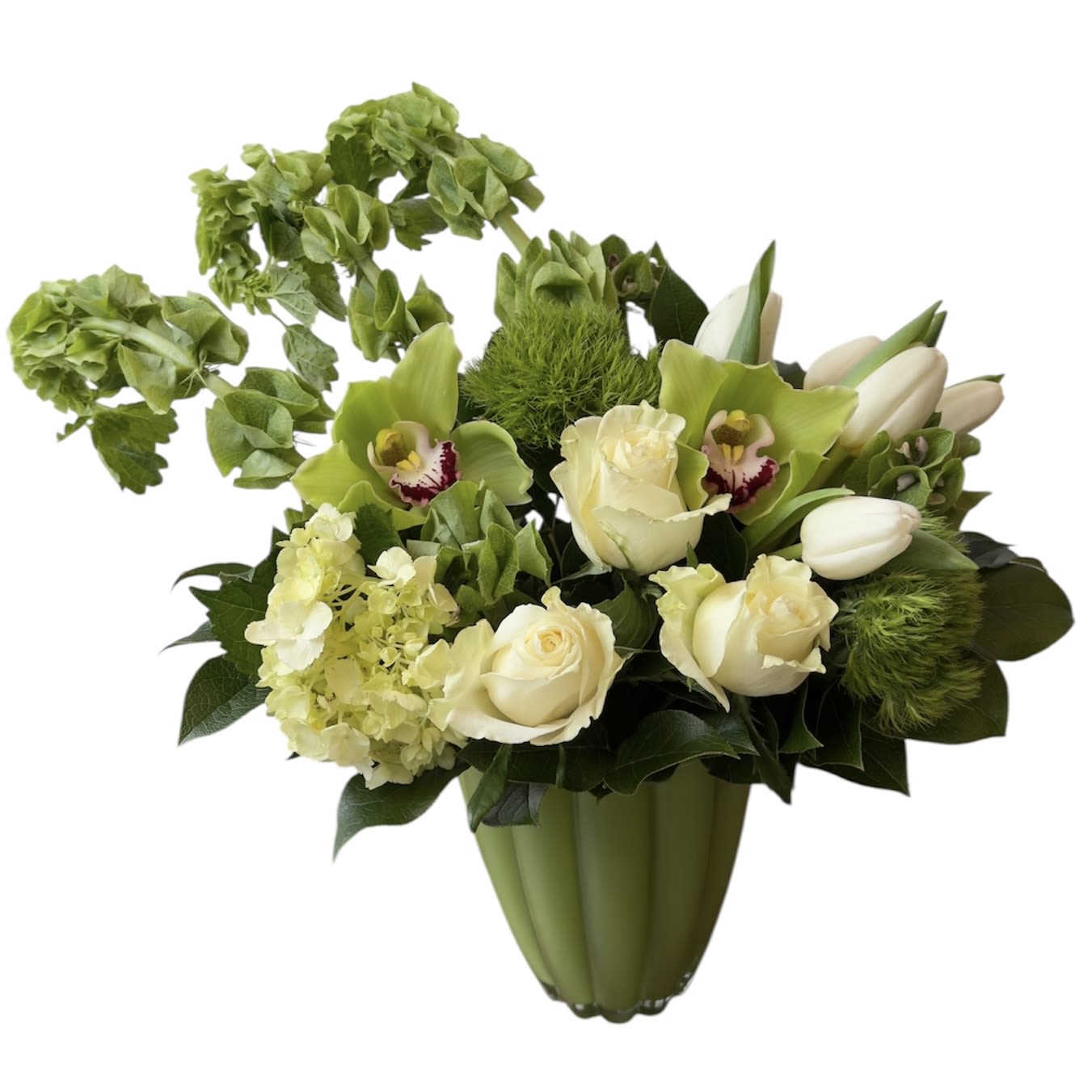 Luck of the Irish - White roses, white tulips, green hydrangea, dianthus, bells of ireland designed in a green glass vase. As shown in photo.