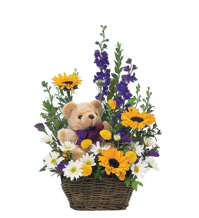 Teddy bear in a wicker basket surrounded by yellow and white daisies and purple flowers.