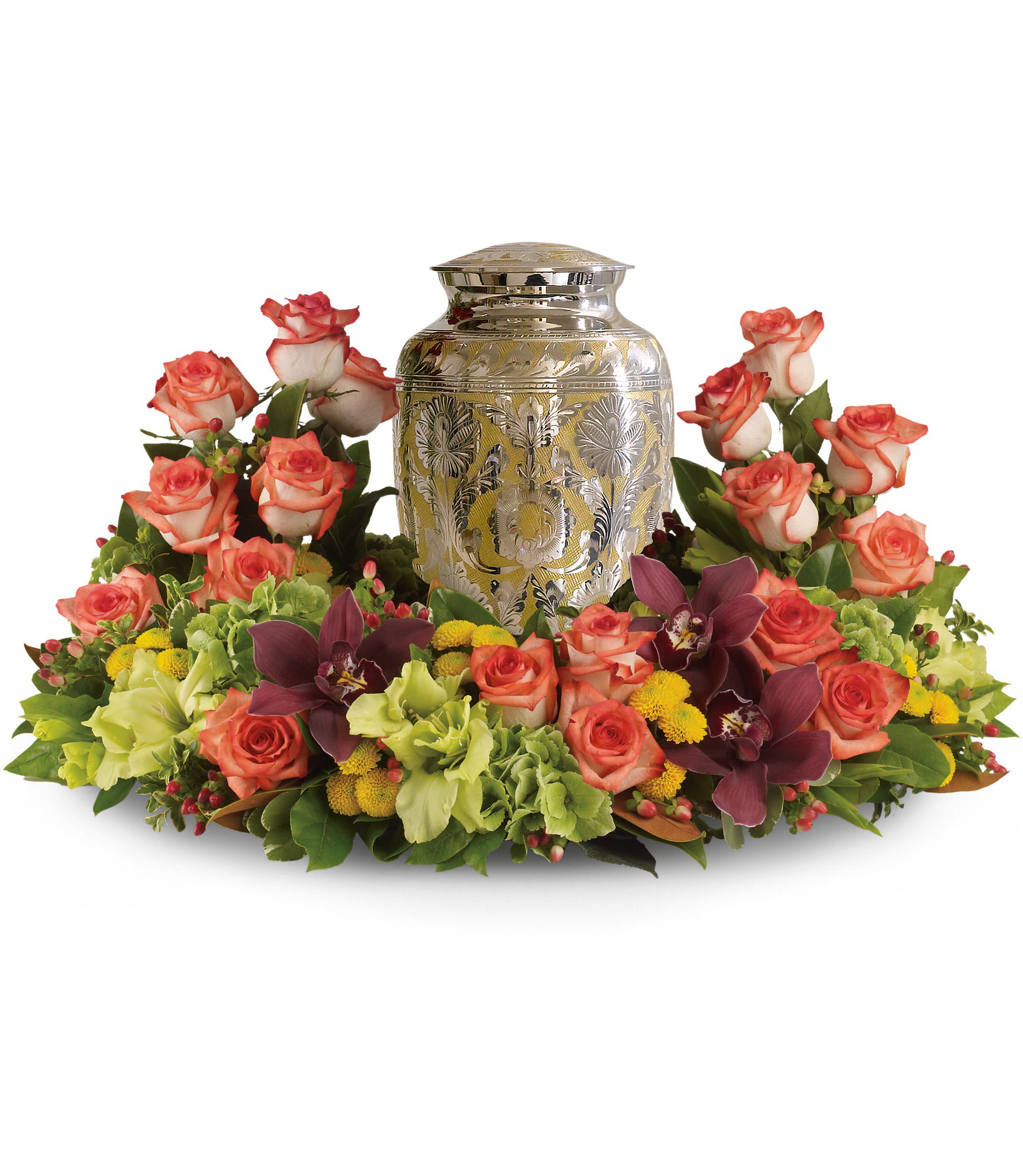 Sunset Wreath by Teleflora - A rich and subtly hued garden expresses sympathy most thoughtfully, in a gentle oval arrangement that honors and embraces a cherished memory. 