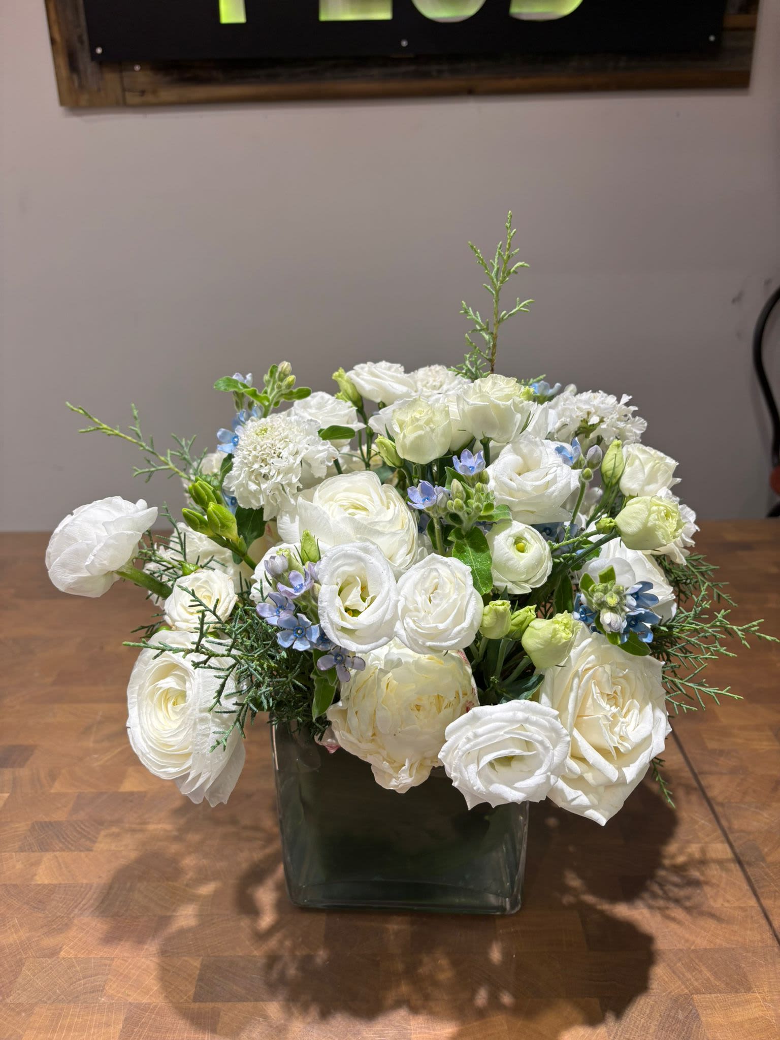 White Ranunculus and Tweedia Arrangement (WT24) - An elegant, winter-inspired arrangement featuring soft white blooms accented with touches of light blue and fresh greenery. Perfect for celebrating Hanukkah or adding a serene touch to the holiday table.  Note: Flower availability is subject to market conditions. Substitutions may be made to preserve the arrangement's color and style.