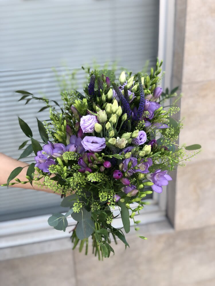 Purple Lisianthus &amp; Purple Freesia Bouquet (WT15) - Hand tied bouquet with purple lisianthus, purple freesia, purple veronica, green bell and some greenery  *Depends on availability, flowers may change
