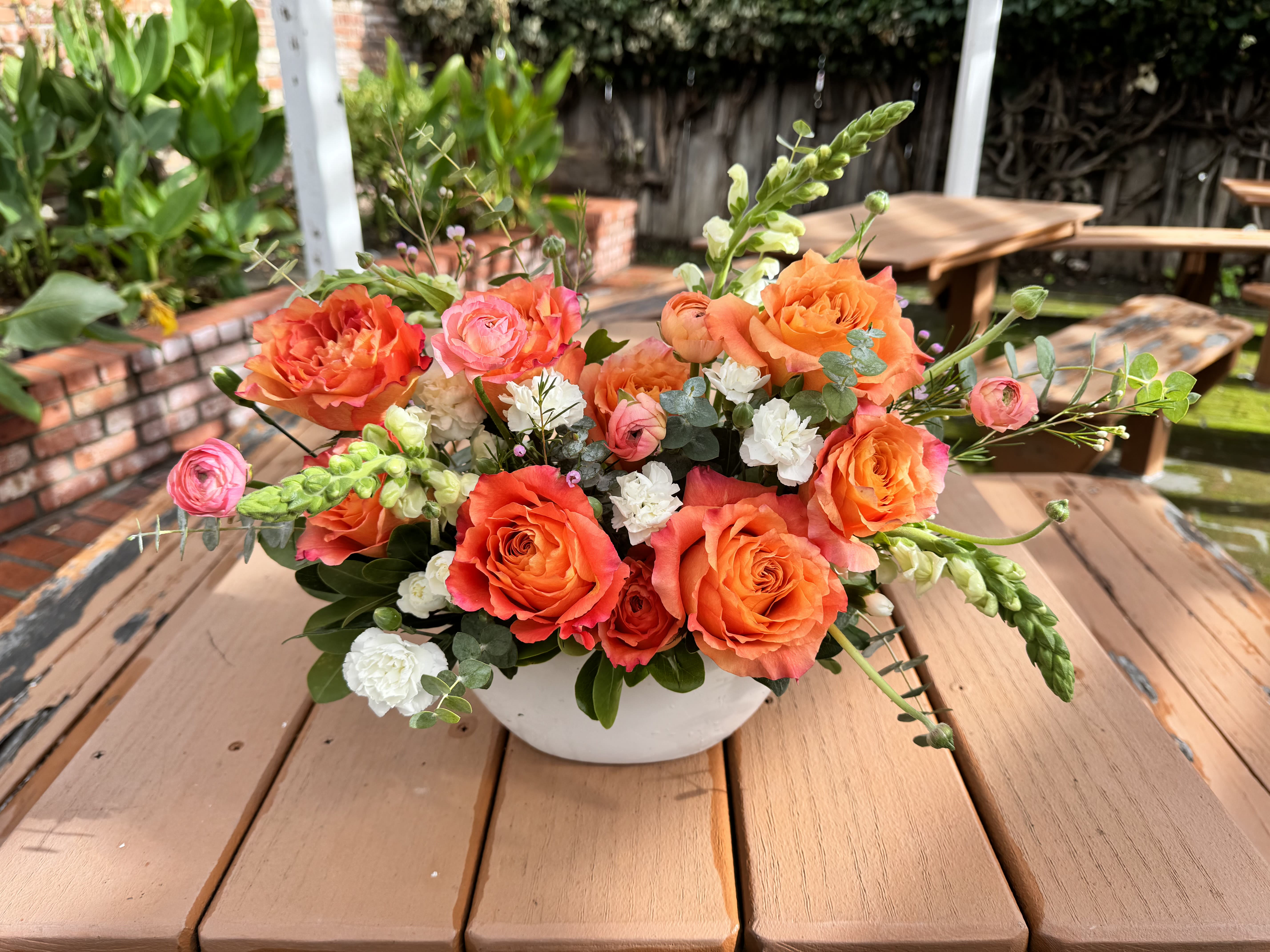 Sunny Morning - - 10 Orange Roses - Fillers and Greenery - White Ceramic Vase