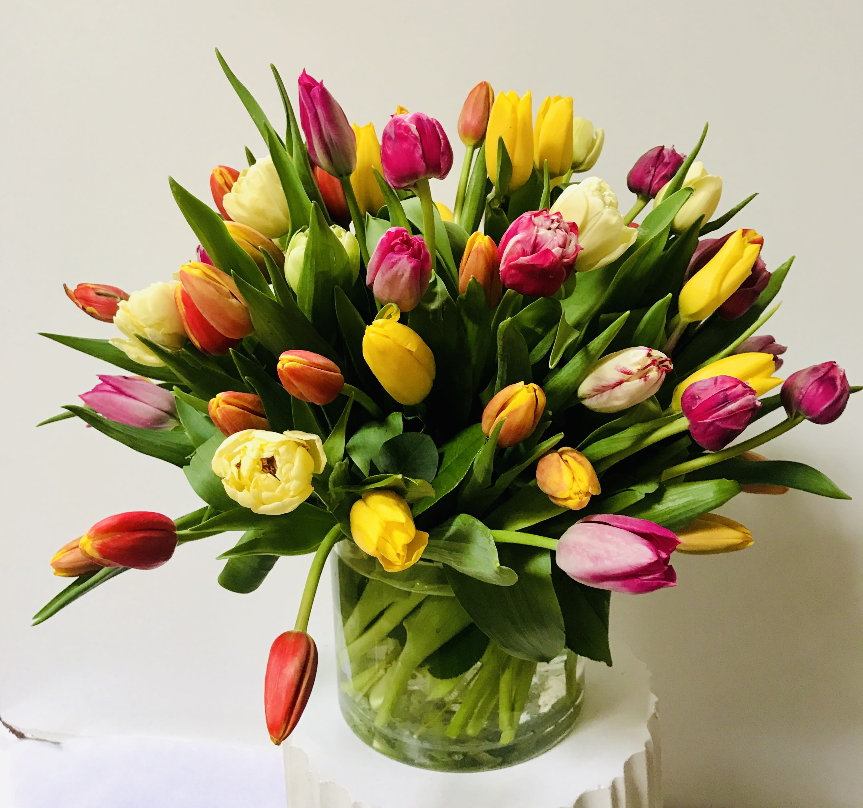 Everything About Tulips - 50 stems of different colors of tulips.in clear glass vase arranged by Jane"s Roses Floral Design Studio in San Francisco 