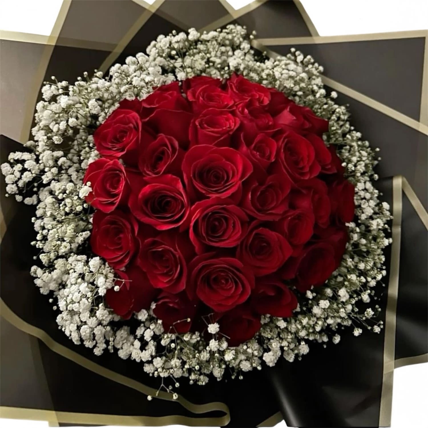 Enchanted Roses Bouquet - Signature Roses bouquet with is designed with 25 premium roses and touches of white filler flower called baby breath. This bouquet is designed with Korean inspired floral artistry with premium wrapping paper.   Please note, this arrangement does not include a vase to hold roses. 