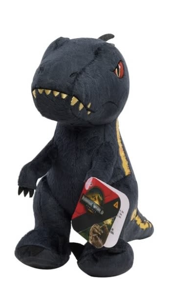 Plush dinosaur toy with dark blue body and yellow accents