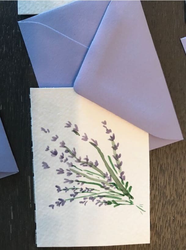 Hand painted CARD WITH ENVELOPE - Small Hand painted card with envelope 2" x 3" each one is an original lavender theme. (the size of a business card)
