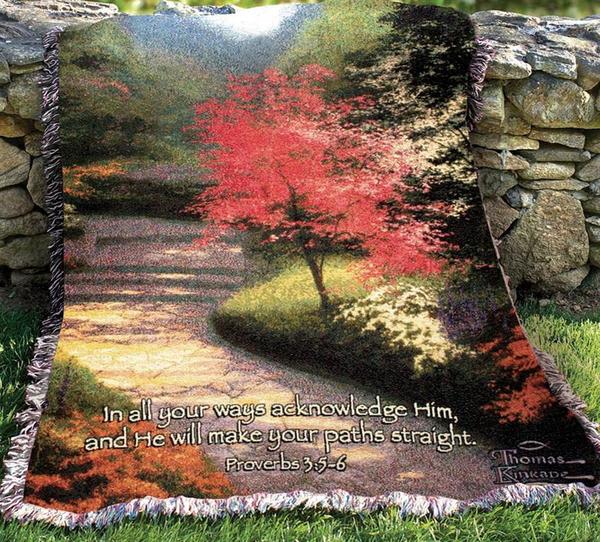 Afternoon Light - Afternoon Light is a beautifully woven tapestry inspired by the peaceful landscapes made famous by artist Thomas Kinkade. The warm woodland path and vibrant red maple tree create a serene scene illuminated by gentle afternoon light, accompanied by the comforting words from Proverbs 3:5-6:  “In all your ways acknowledge Him, and He will make your paths straight.”  Richly woven with soft texture and intricate detail, this tapestry throw is both decorative and meaningful. It can be displayed in the home as wall décor, draped across a chair, or used as a comforting keepsake blanket.  This timeless piece offers a thoughtful and lasting gift for those who appreciate inspirational art and scripture.