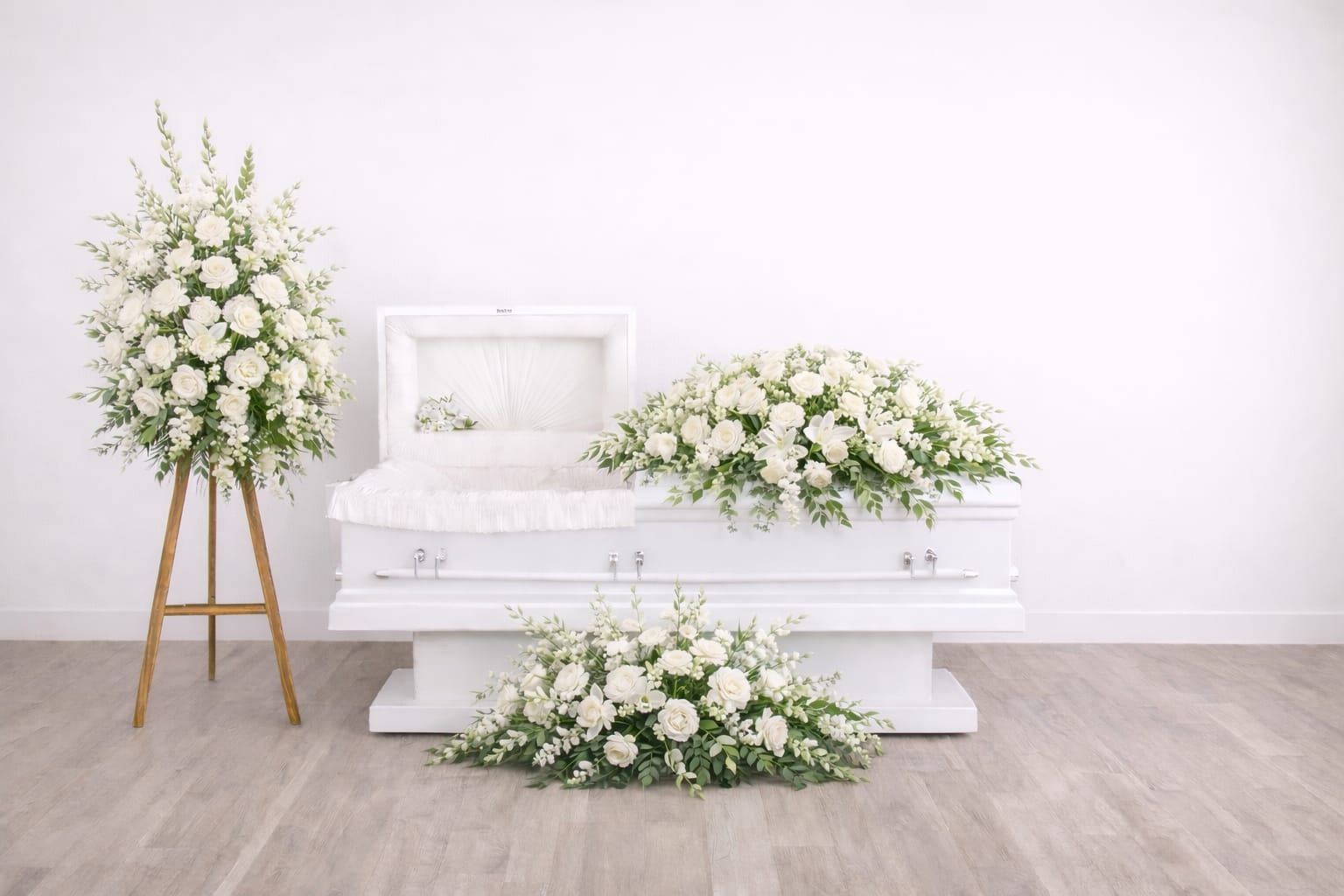 Heavenly Tribute Standard Package - The Heavenly Tribute Deluxe Package provides a fuller and more luxurious floral presentation while maintaining the same elegant white color theme.  This package includes:  • One larger white casket spray with additional premium blooms • One single full standing sympathy spray displayed on a wooden easel • One enhanced front floral arrangement  Substitution Policy: Flowers may be substituted due to seasonal availability. Our designers will maintain the same color theme and overall design using flowers of equal or greater value. 