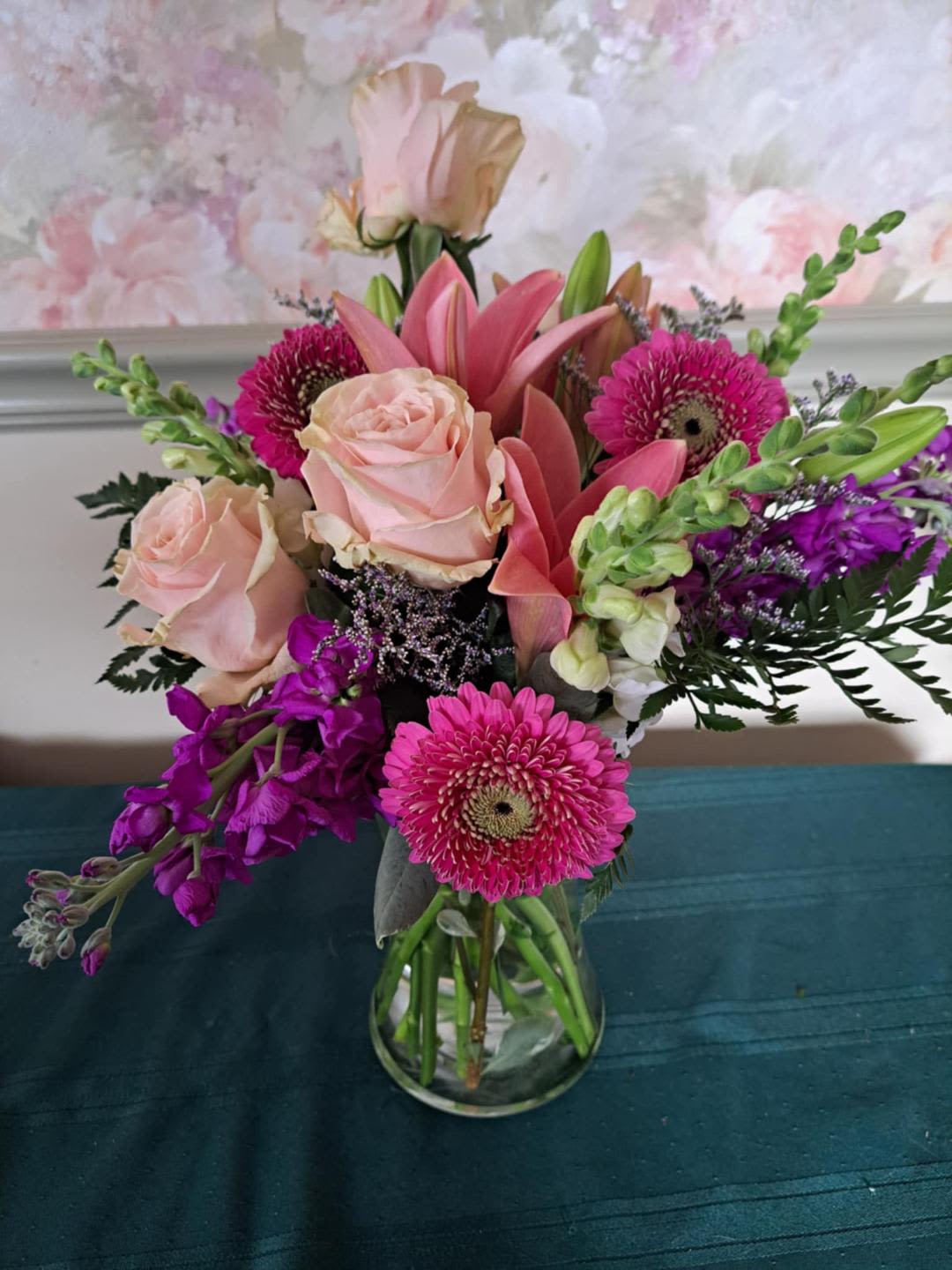 Sugarplum garden - Bouquet of hot pink gerbers, pink lily, pink roses, purple stock