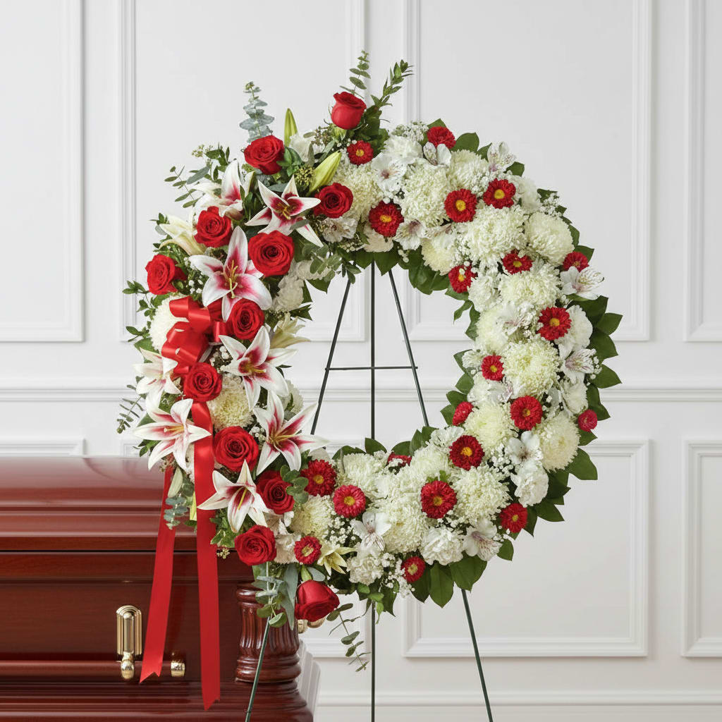 Eternal Wreath of Love and Honor - Elegant funeral crown made with white flowers and red accents, symbolizing purity, love and eternal respect. A harmonious and meaningful design, ideal to express sincere condolences and pay a dignified and memorable tribute to a loved one